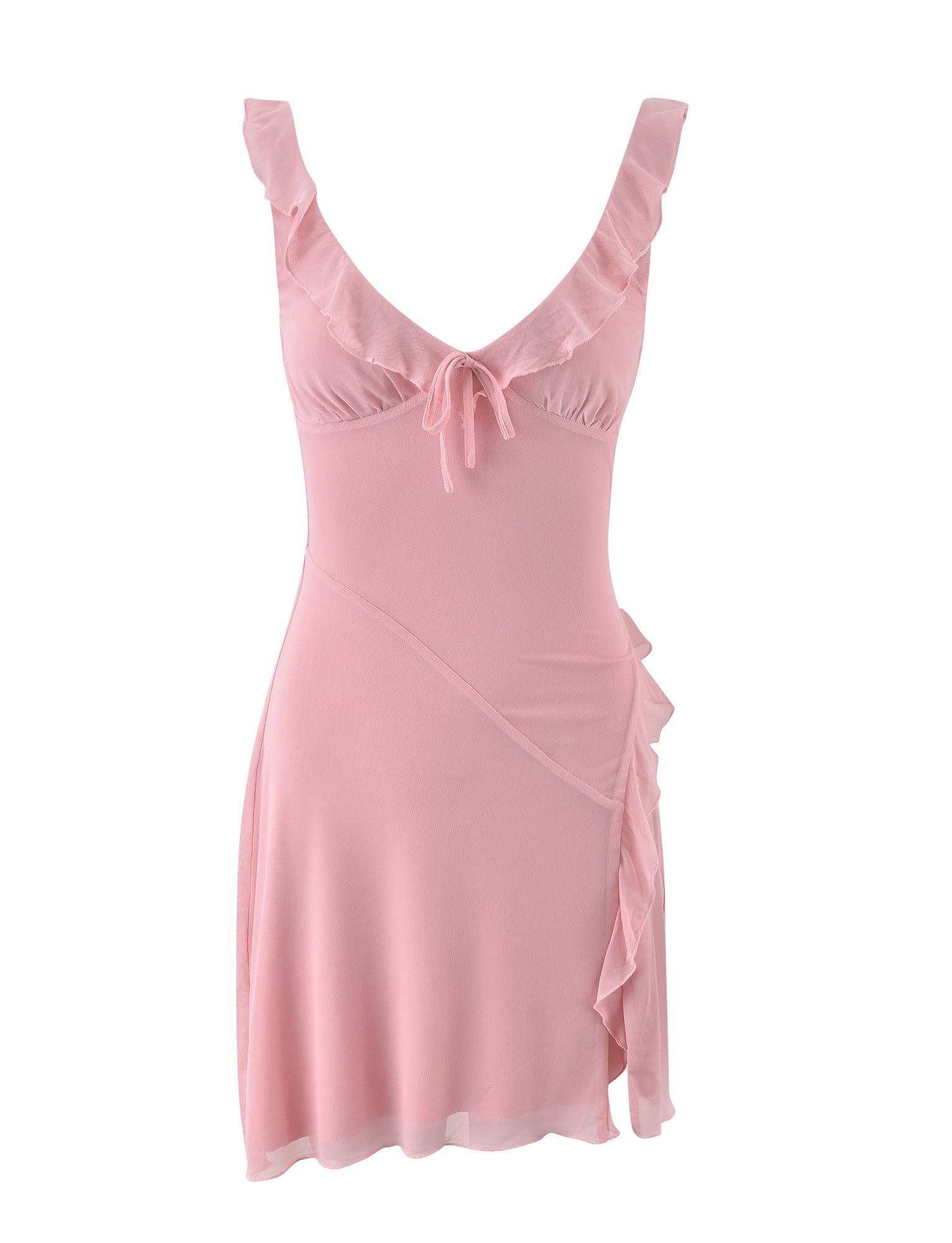 The TIGERMIST IMRA DRESS in Dusty Pink is a sleeveless dress with ruffled details around the neckline and straps. It features a v-neck with a small bow at the center of the chest, a fitted bodice, and a skirt that falls just above the knee. Additionally, there is a slight ruffle on the right side.