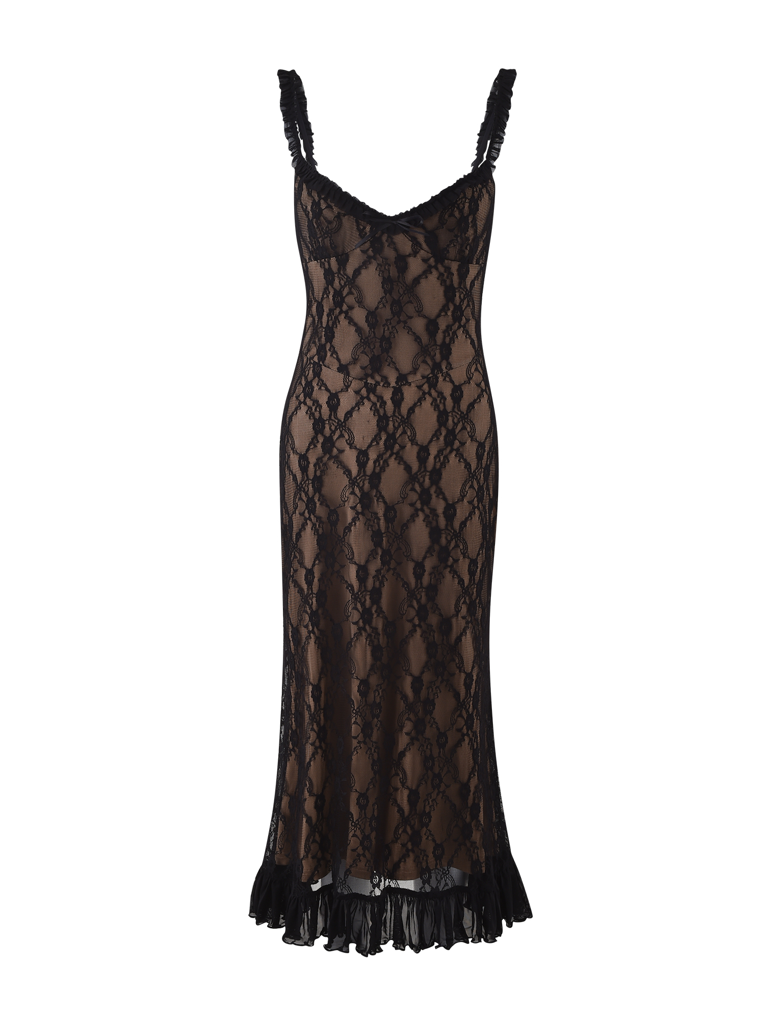 The DEJA DRESS - BLACK : LACE by TIGERMIST is a sleeveless midi dress with a sweetheart neckline, sheer floral lace, fitted silhouette, ruffled shoulder straps, and a ruffled hem, shown on a plain white background.