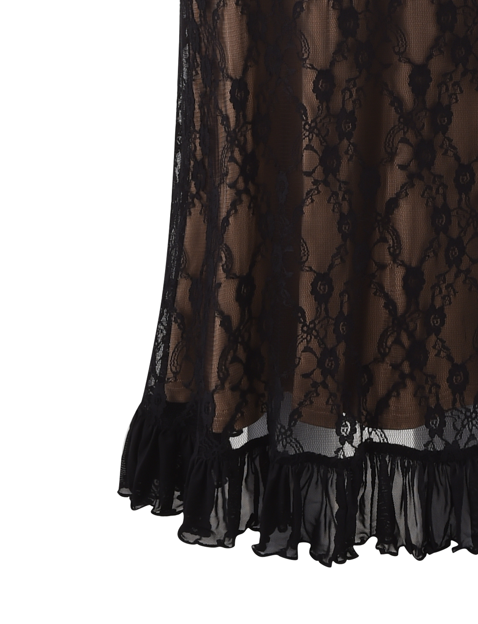 Close-up of the TIGERMIST DEJA DRESS - BLACK: a lace midi dress featuring a floral pattern, sheer fabric with partial lining, and a ruffled hem that subtly reveals skin beneath the intricate black lace.
