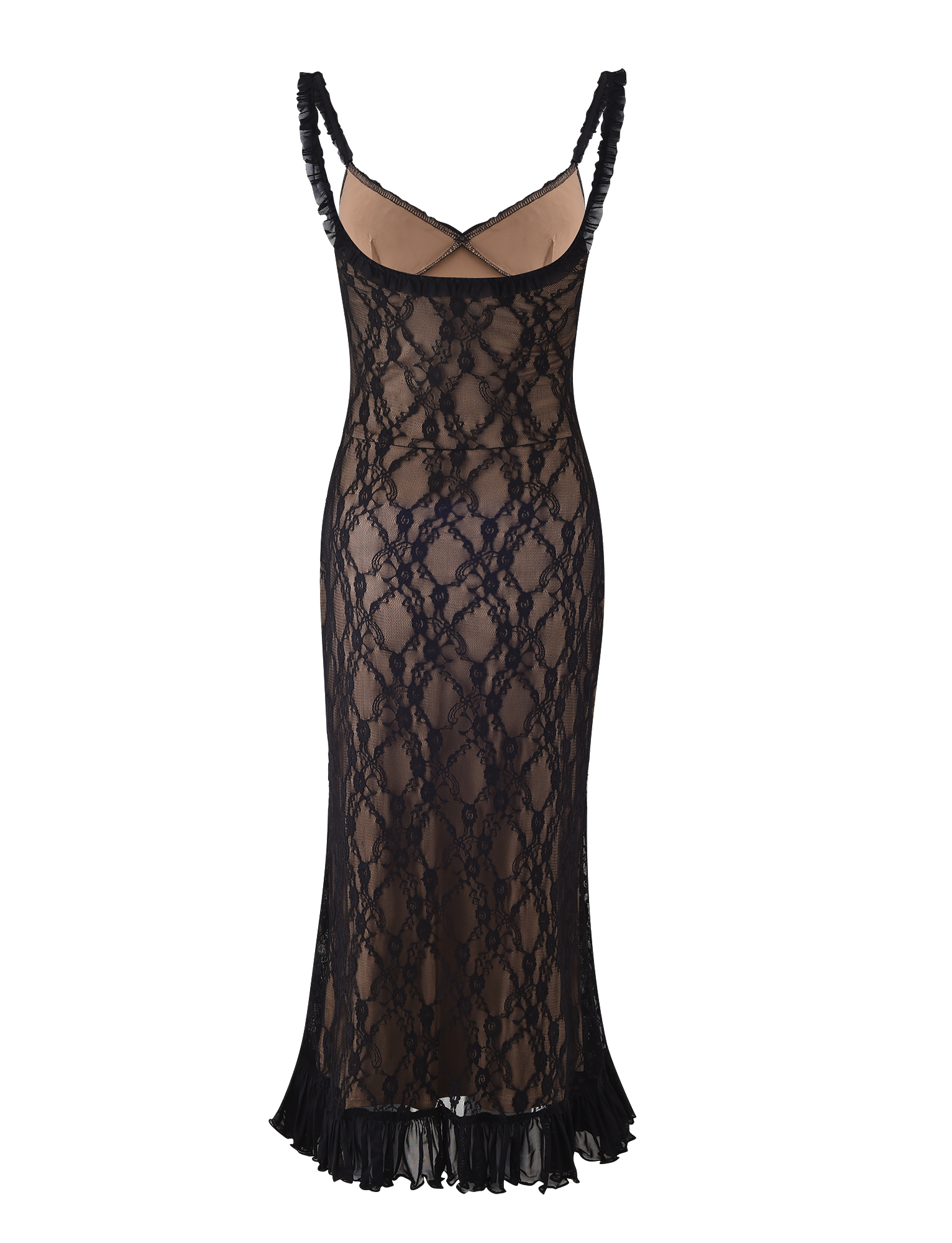 The DEJA DRESS - BLACK : LACE by TIGERMIST is a sleeveless, form-fitting black lace midi dress with a sweetheart neckline, sheer overlay, thin straps, ruffled hem, nude lining, and crisscross detail at the upper back.