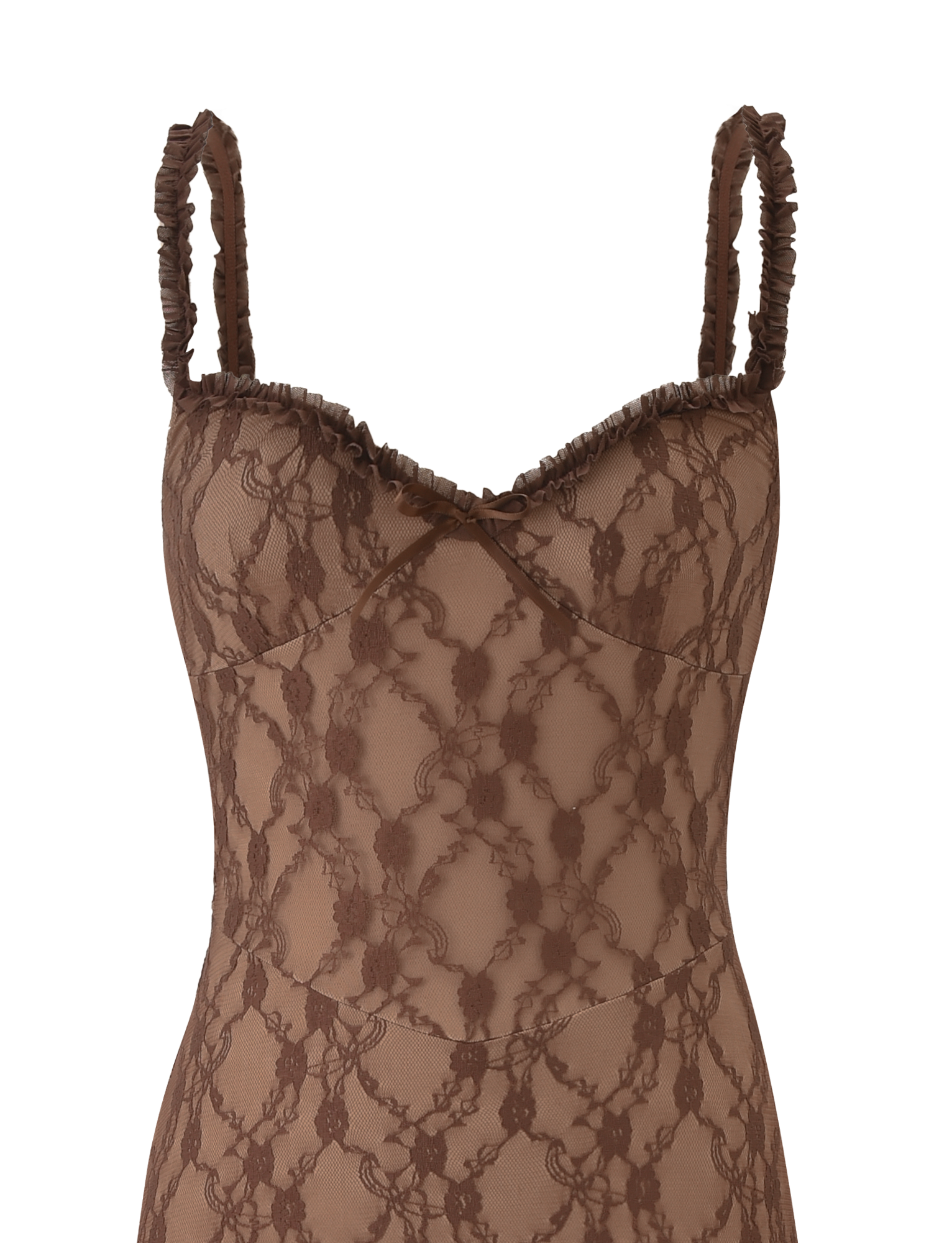 The DEJA DRESS - BROWN LACE by TIGERMIST is a brown mesh midi dress with ruched spaghetti straps, a sweetheart neckline, and a sheer floral lace pattern over a nude underlayer.