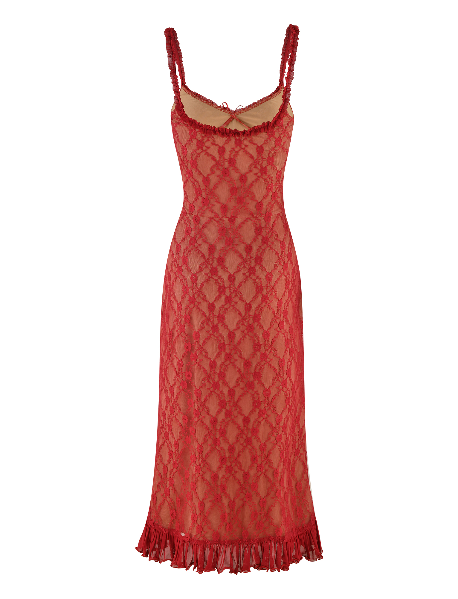 The TIGERMIST DEJA DRESS - RED features a sleeveless berry red lace design with ruffled straps, fitted bodice, and a slightly flared midi hem with ruffle details over a nude lining.