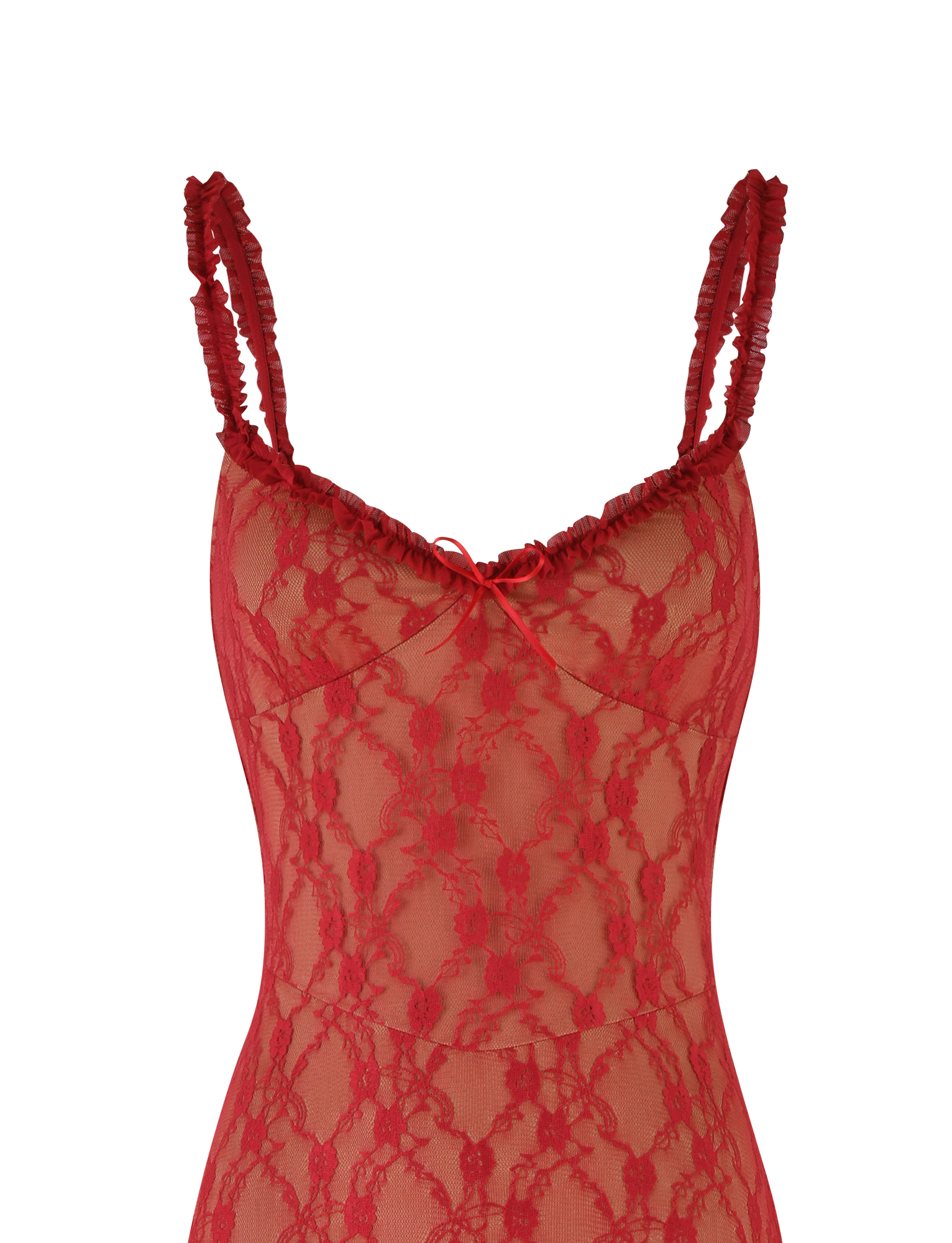 A close-up of the TIGERMIST DEJA DRESS in Berry Red, featuring spaghetti straps and a floral lace pattern, shown from shoulders to hips against a white background.
