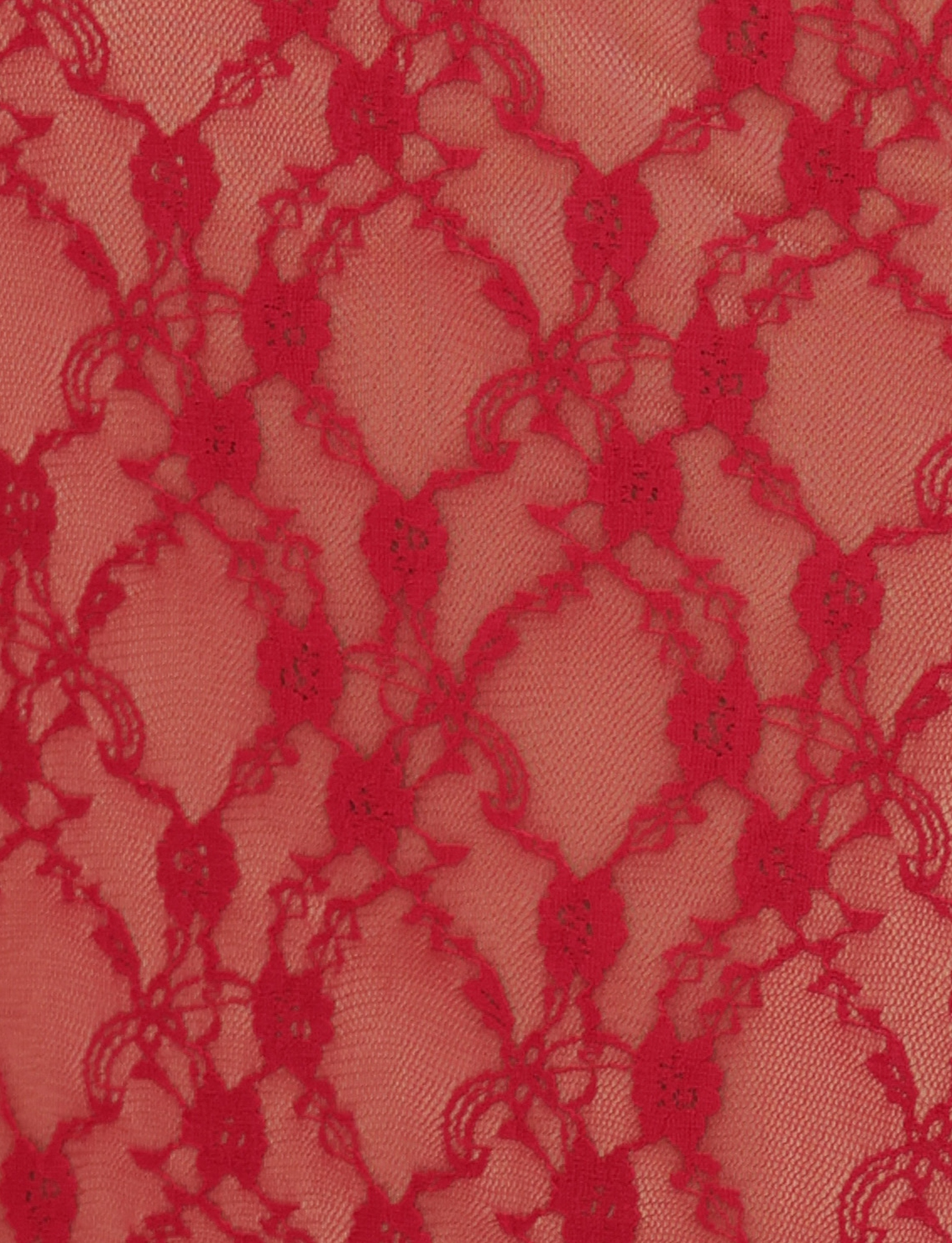 Close-up of the DEJA DRESS - RED : BERRY RED by TIGERMIST, showcasing red lace with floral and geometric patterns, sheer delicate fabric, and intricate stitching that accentuates the fitted silhouette.