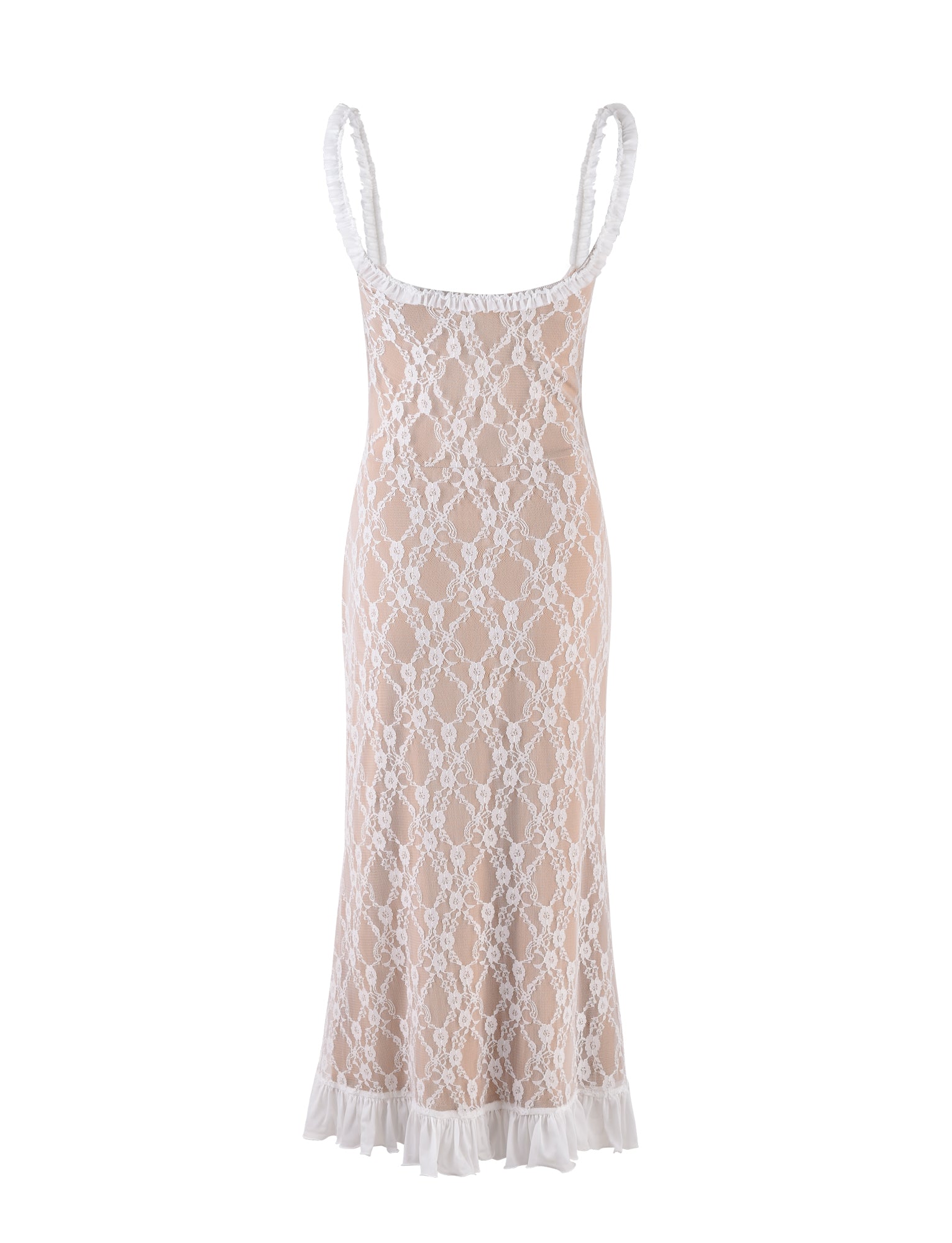 Introducing the TigerMist DEJA DRESS - WHITE : LACE, a stunning sleeveless long white lace dress with a fitted silhouette. This elegant piece is adorned with ruffled straps and a ruffled hem at the bottom. The intricate lace pattern reveals a beige underlay, offering a delicate and sophisticated appearance.
