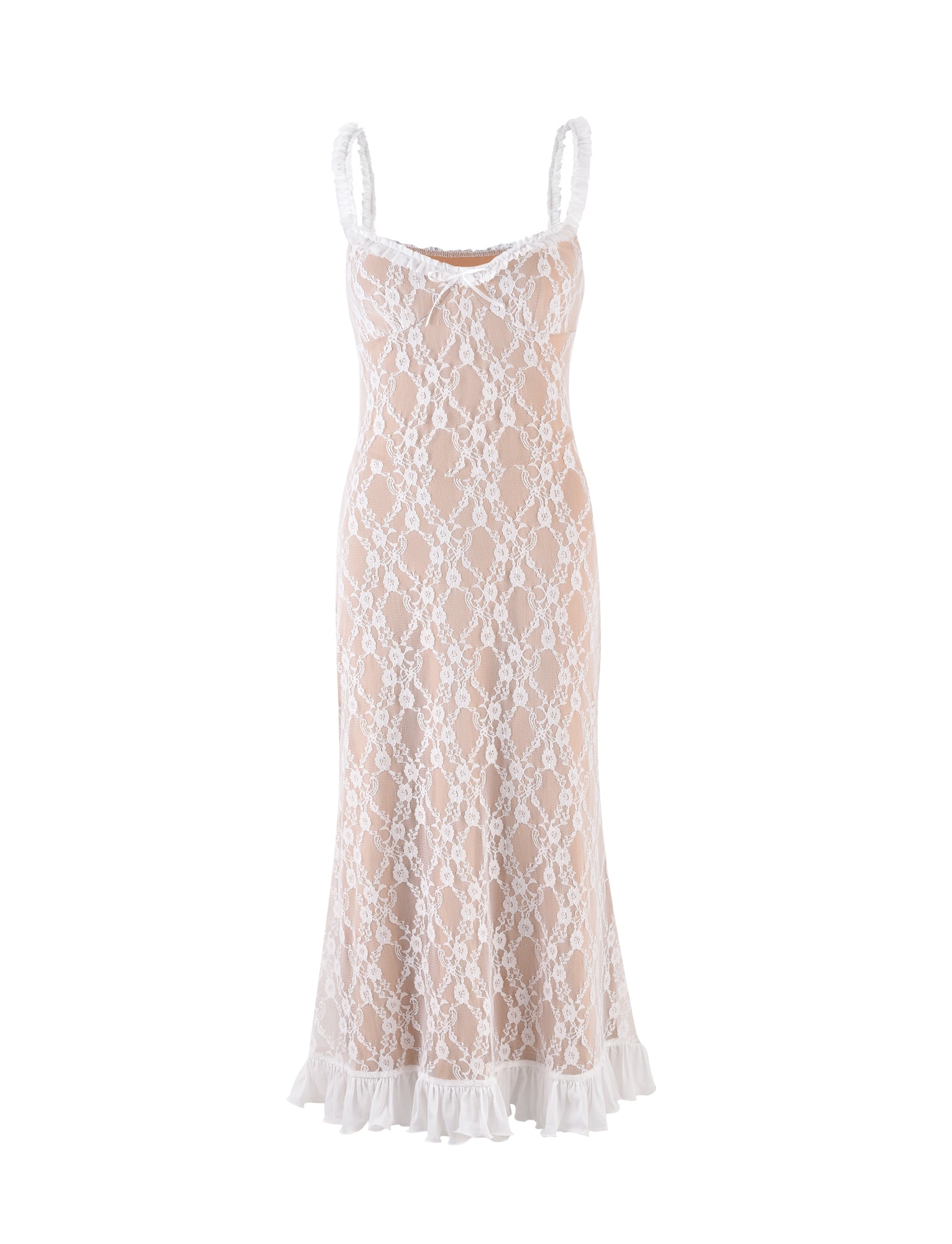 Introducing the DEJA DRESS - WHITE : LACE from TIGERMIST: a stunning full-length beige dress adorned with a delicate white lace overlay. This elegant design features thin straps and a sweetheart neckline, complemented by a ruffled trim on the lower hem for an added touch of sophistication.