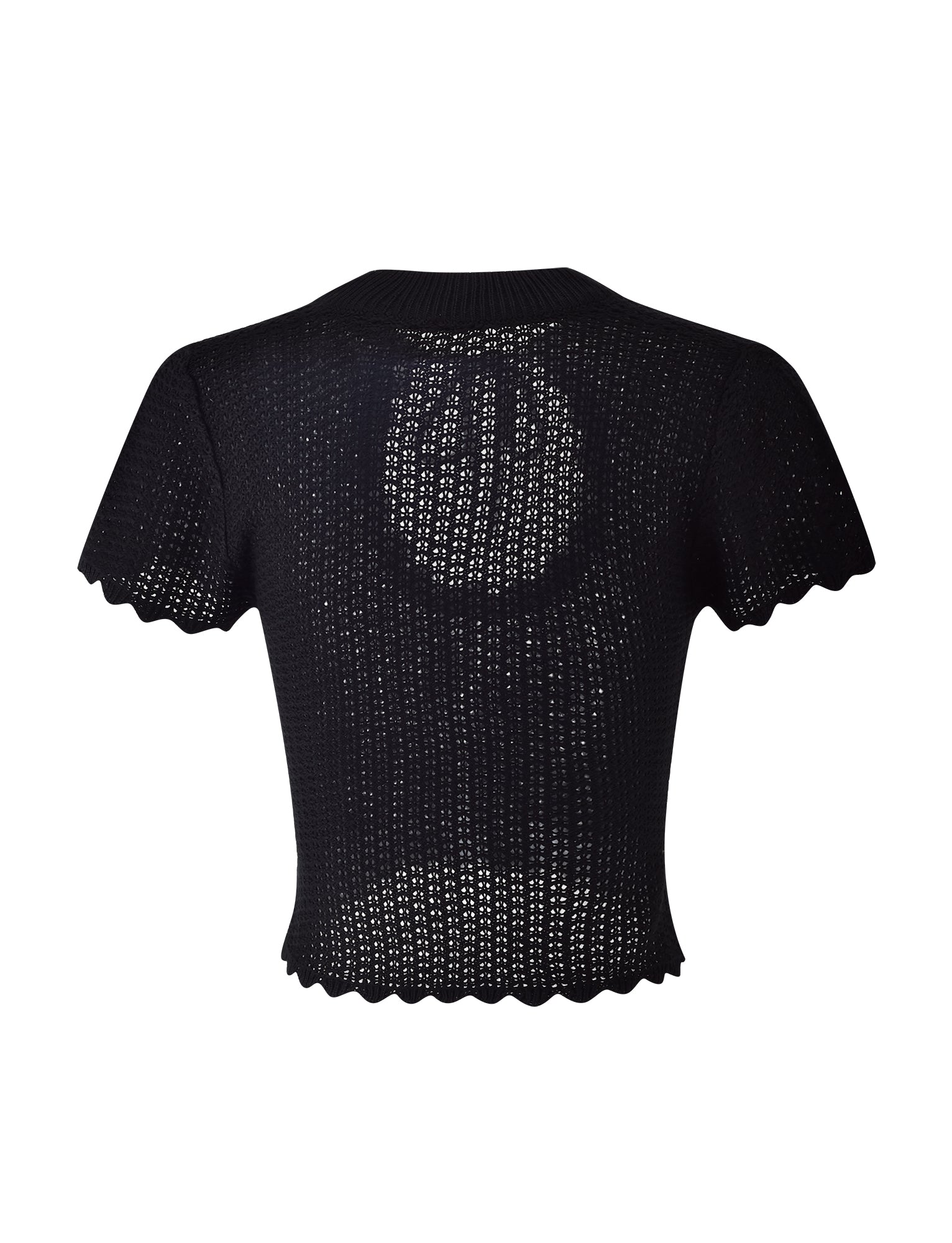 The TIGERMIST TEREZA TOP - BLACK is a short-sleeve, crocheted top featuring a scalloped hem and a high collar. The intricate knitting pattern creates a semi-transparent appearance. The top is shown on a white background, displaying the back view.