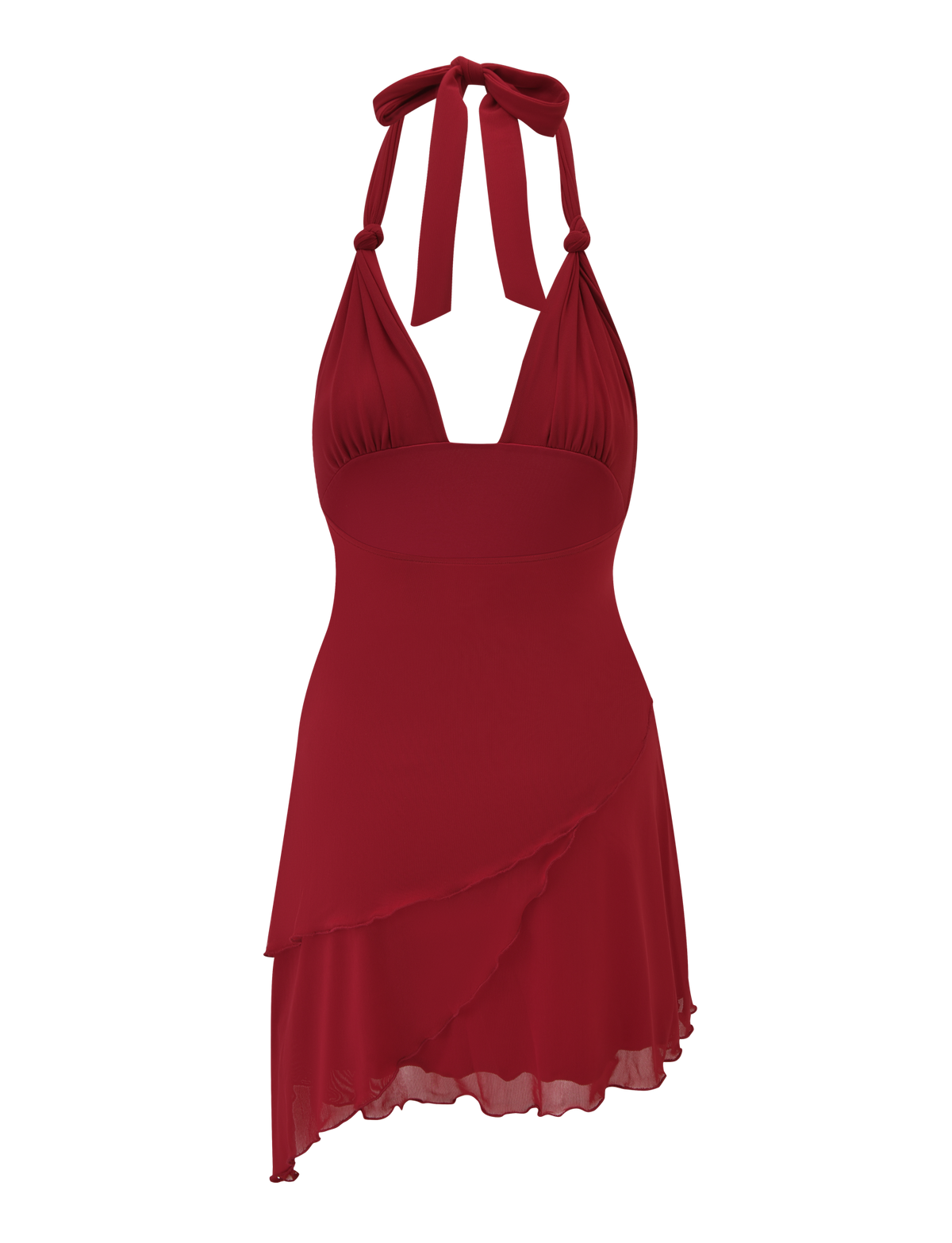The FRIEDA MINI DRESS - RED by TIGERMIST is a sleeveless halter mini dress with a V-neckline, fitted bodice, layered asymmetrical hem, neck tie, and soft, flowing fabric for an elegant look.