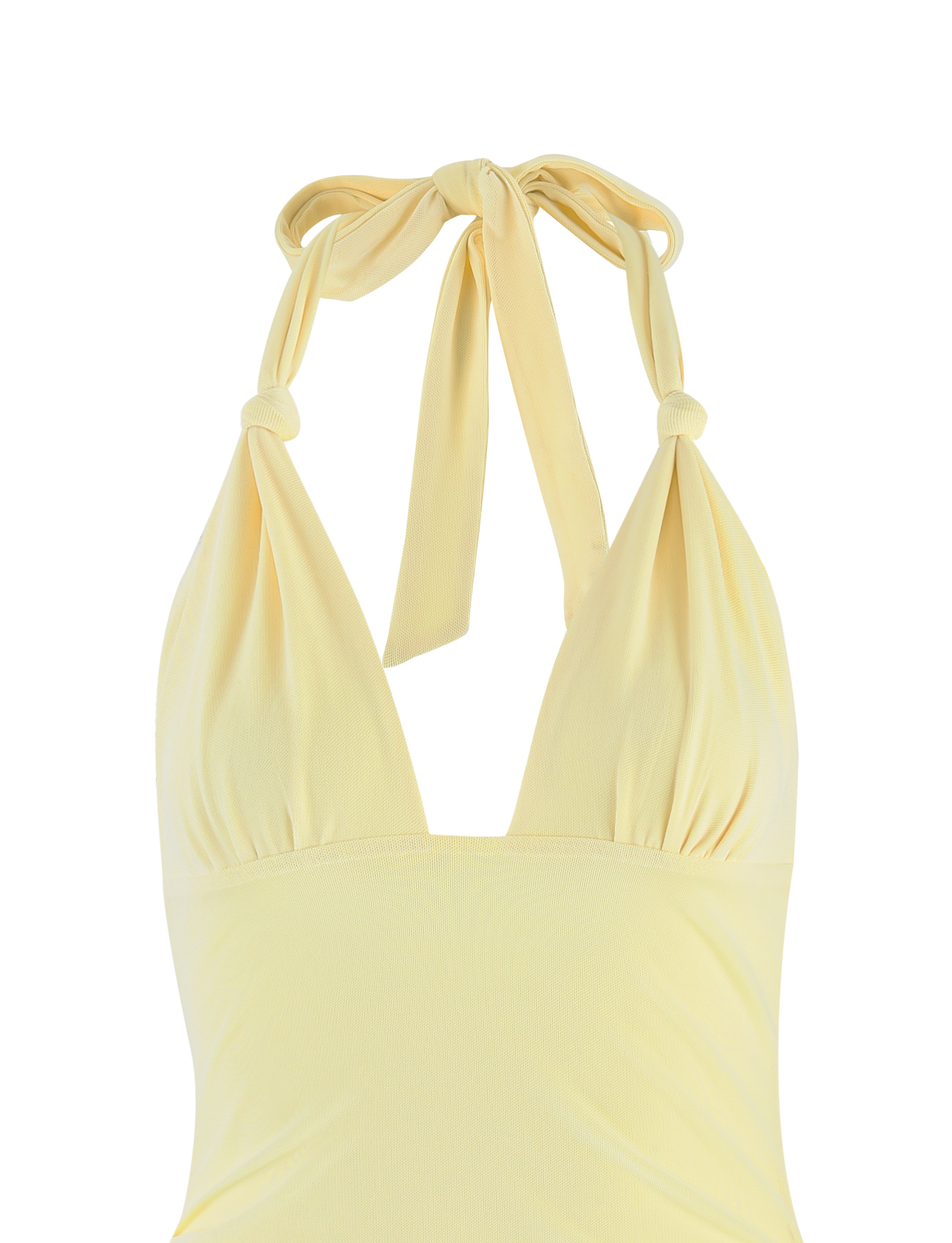A light yellow halter swimsuit top with gathered cups and wide straps, perfect for pairing with TIGERMIST's FRIEDA DRESS - YELLOW : BUTTER for a cute beach-ready look.
