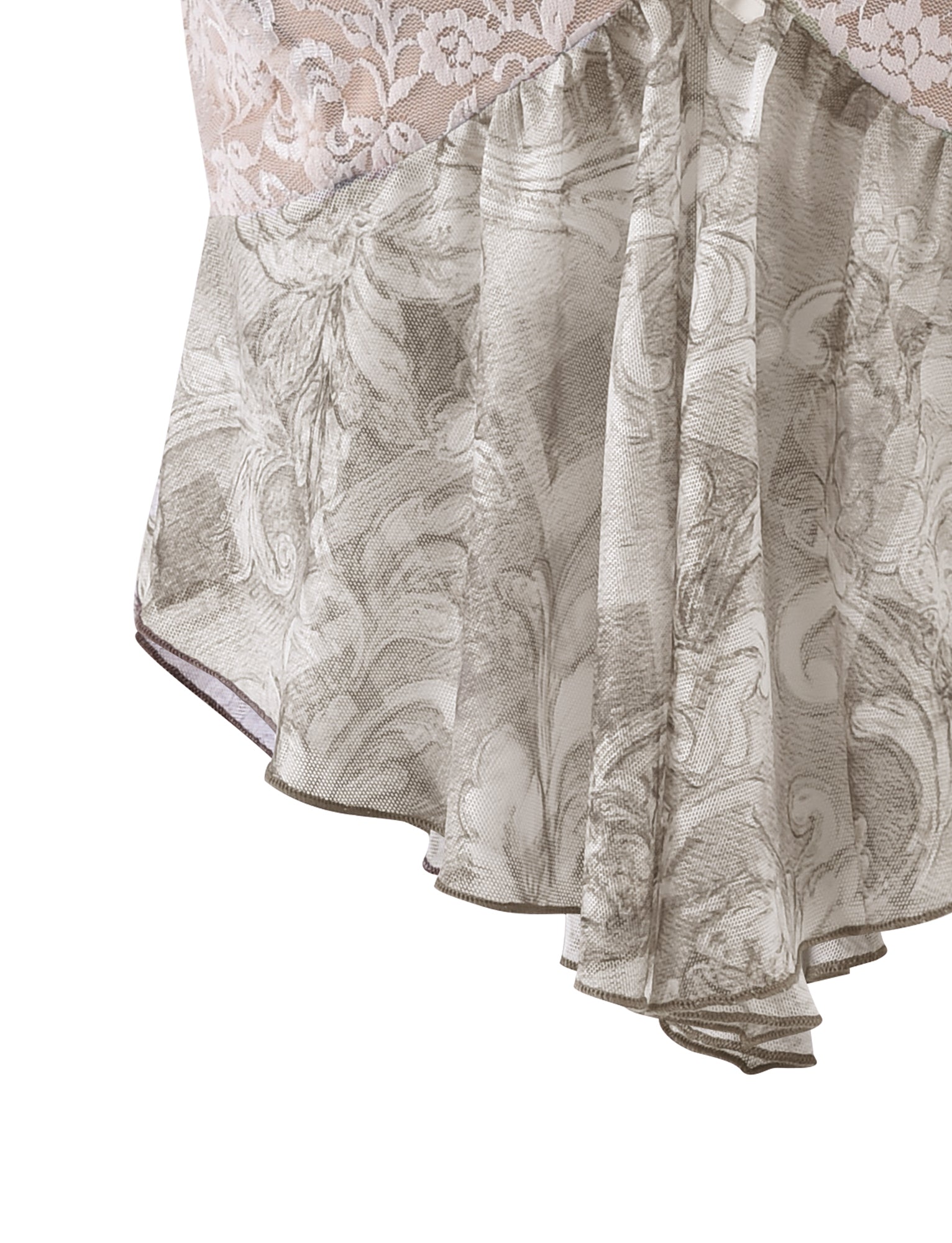 Close-up of the TIGERMIST ALESSIA TOP - BROWN : FLORAL ORNATE, featuring intricate floral lace patterns on the upper section and a flowy, ruffled fabric with a subtle floral print on the lower section. The top showcases delicate craftsmanship and elegant design elements.