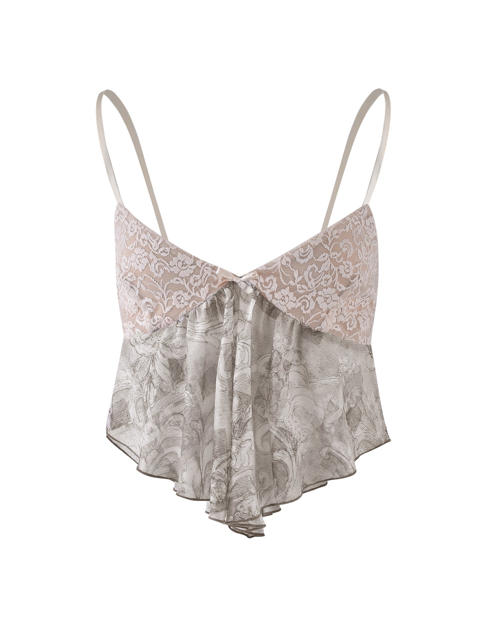 A women's sleeveless top with thin spaghetti straps. The TIGERMIST ALESSIA TOP features a bodice with delicate lace detailing in a soft brown color and a flowy, lightweight fabric with an ornate, floral pattern cascading from the bust.