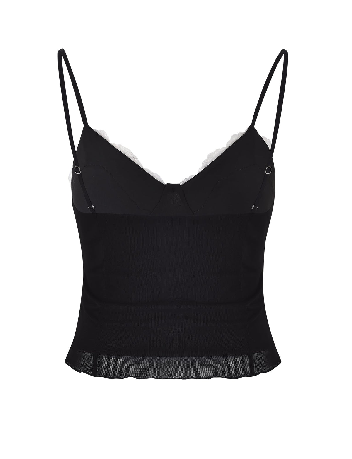 Introducing the LEYLA TOP - BLACK from TIGERMIST: a sophisticated black spaghetti strap camisole with a fitted design and slightly flared hem. Made from smooth and lightweight fabric, this elegant top features a deep neckline and structured cups, making it the perfect addition to elevate any outfit.