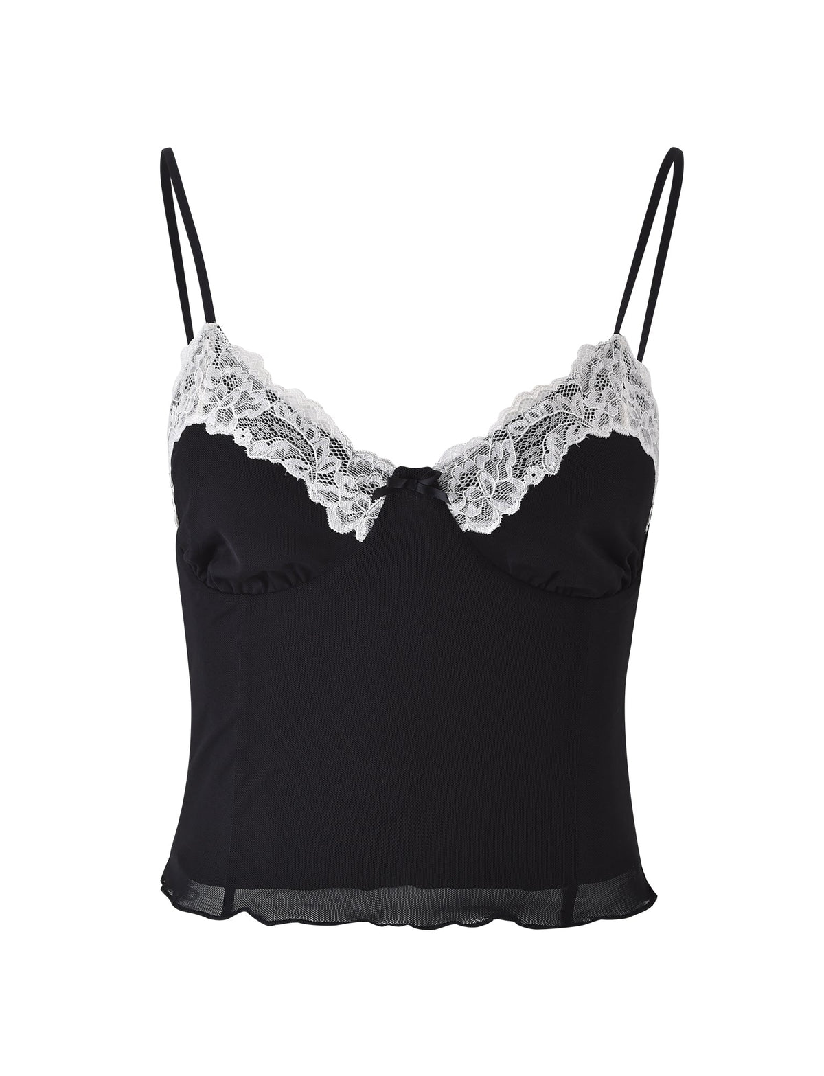 Introducing the LEYLA TOP – BLACK by TIGERMIST: a black camisole with thin black straps, showcasing a V-neckline adorned with white lace trimming. This top features a slightly flared hem, offering a delicate and feminine design. The lace detail adds a touch of elegance to the smooth, minimalist fabric.