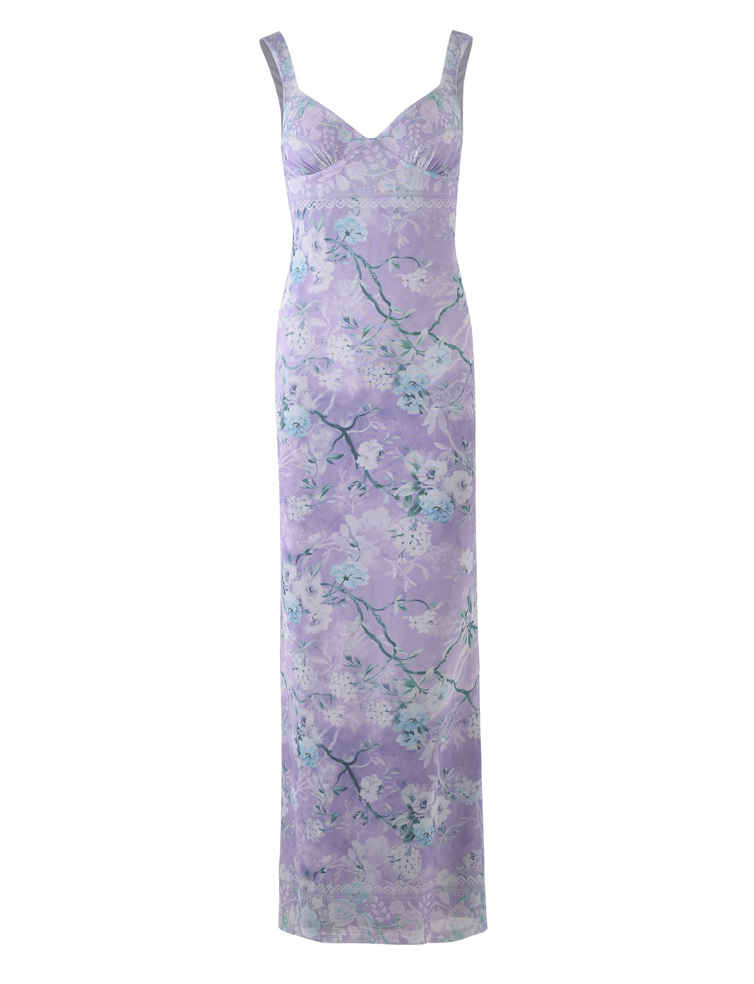 The KARMEN DRESS in PURPLE : FLORAL BOARDERS from TIGERMIST is a long, sleeveless dress featuring a lavender base adorned with delicate floral prints in shades of blue and white. It has a fitted bodice with a sweetheart neckline and broad shoulder straps.