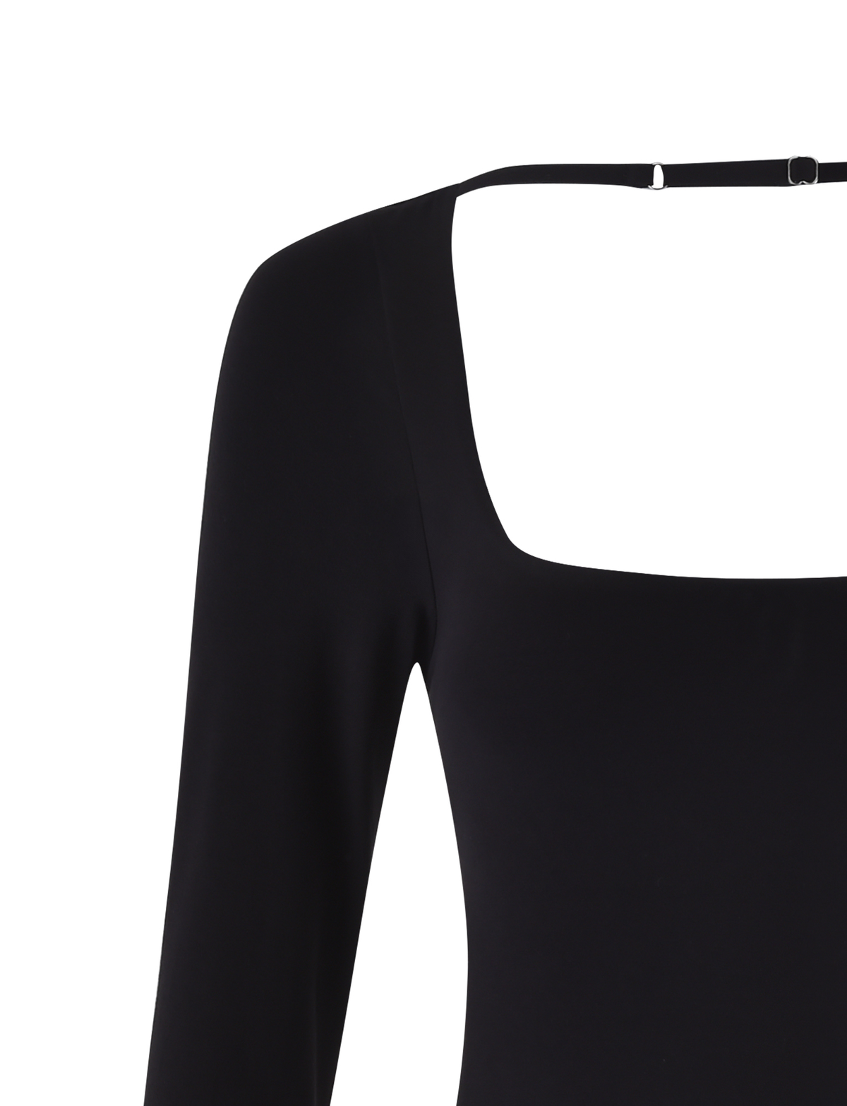 A close-up of the TIGERMIST MINERVA LONG SLEEVE BODYSUIT - BLACK, featuring a bodycon fit, square neckline, and thin strap detail across the upper back. The smooth fabric accentuates its sleek silhouette.