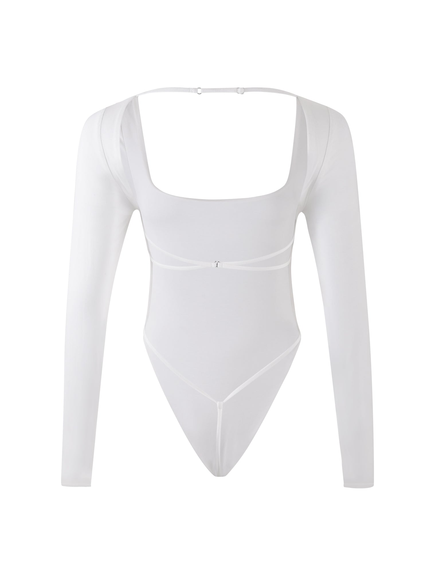The MINERVA LONG SLEEVE BODYSUIT - WHITE from TIGERMIST features a square neckline, high-cut legs, and long sleeves. Its minimalistic design is enhanced by a seam below the bust for a tailored fit. The smooth, form-fitting fabric includes a hook-and-eye closure at the back of the neck.