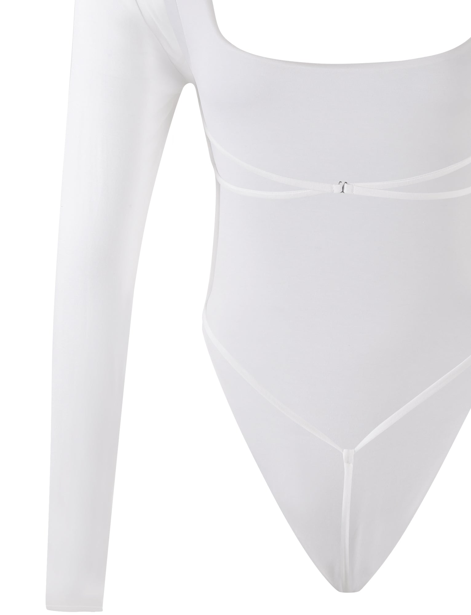 The MINERVA LONG SLEEVE BODYSUIT - WHITE from TIGERMIST is a white, form-fitting bodysuit featuring long sleeves, a square neckline, and thin underbust detailing. The material appears smooth and slightly stretchy, and the design includes high-cut leg openings.