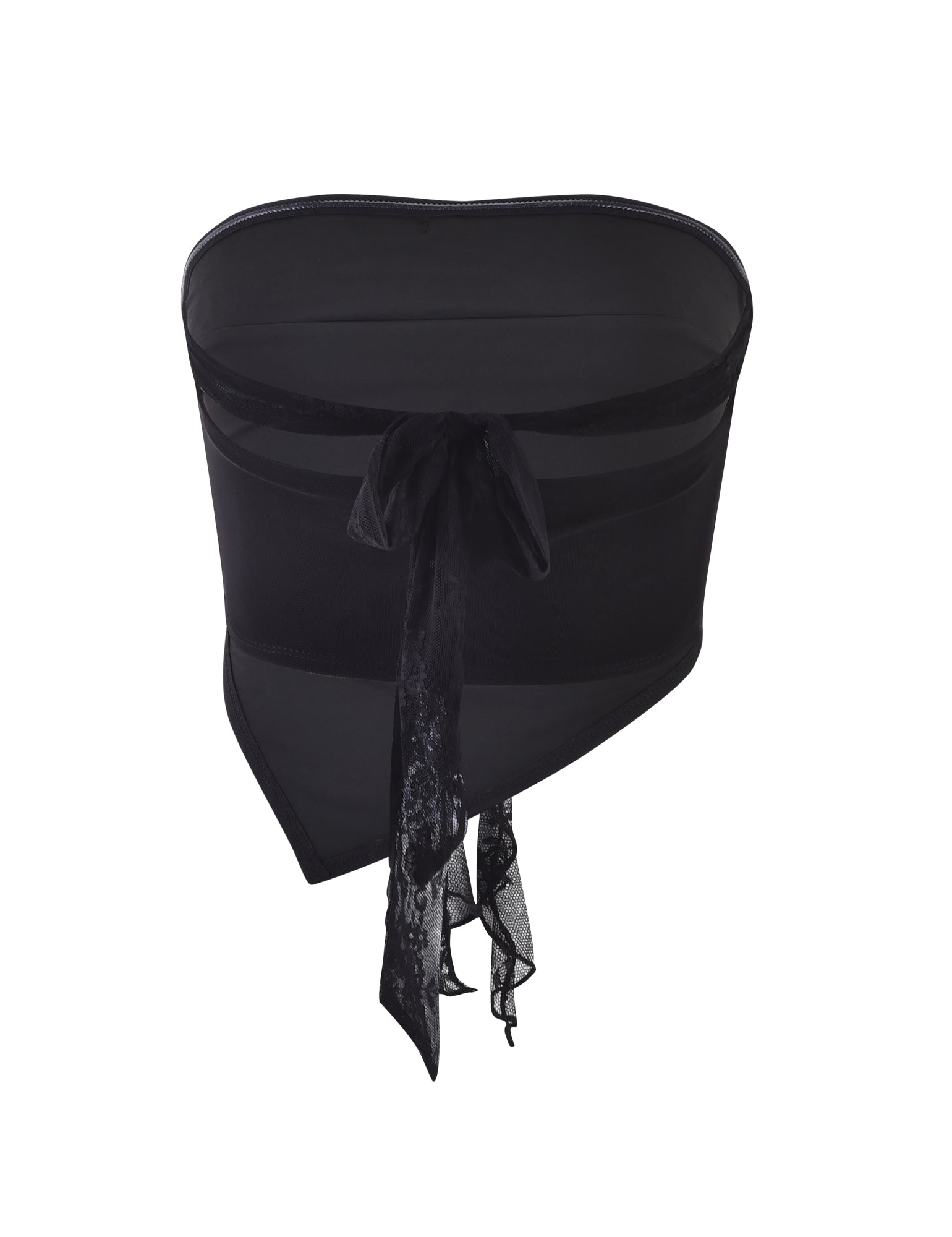 The HARPER TOP - BLACK by TIGERMIST is a stylish black strapless bustier made with semi-sheer fabric and adorned with ribbon details. Featuring a lace tied bow at the back, this piece combines elegance with a sophisticated and modern design.