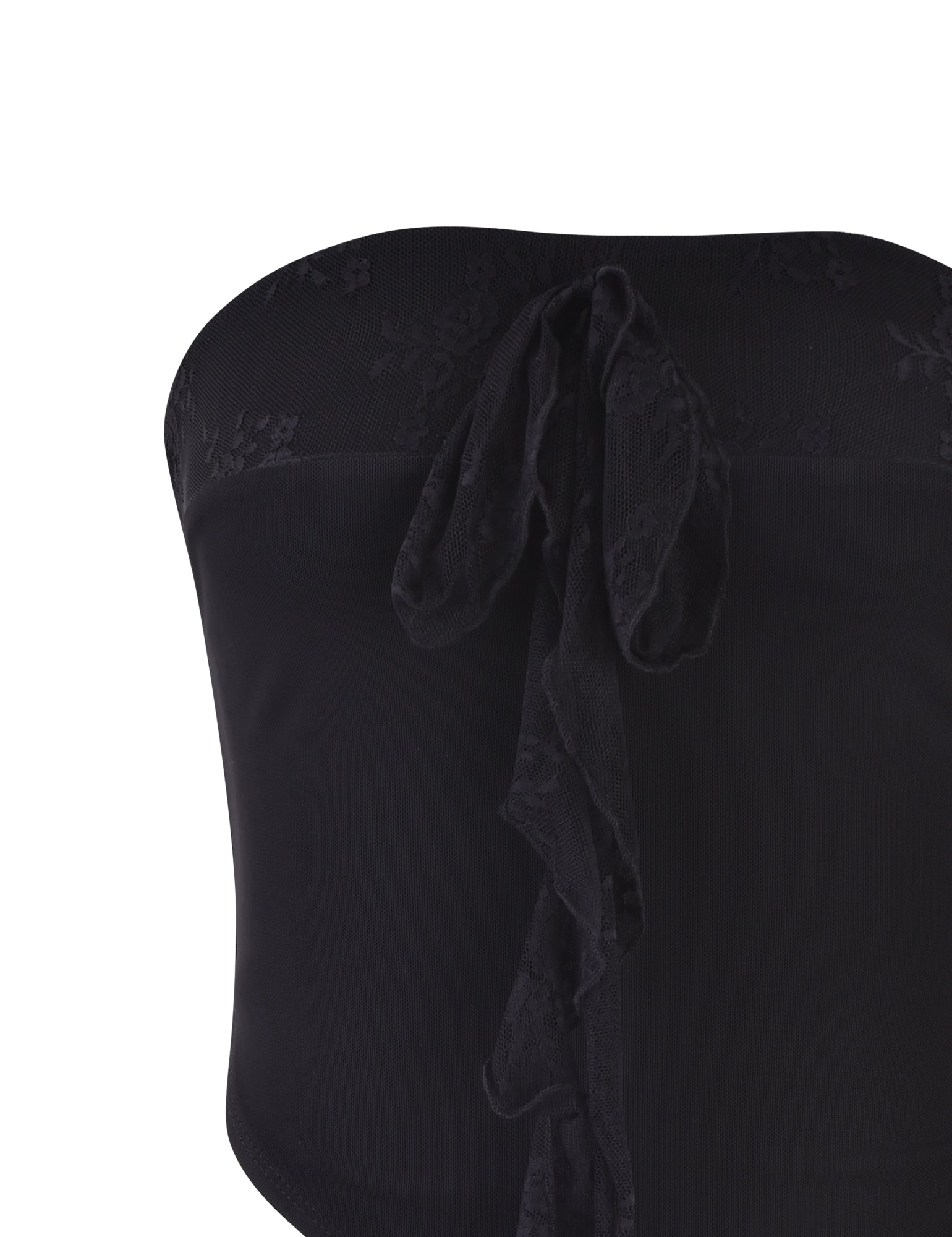 A close-up of the HARPER TOP - BLACK by TIGERMIST, showcasing its delicate lace fabric. This black strapless top features a decorative lace bow in the center of the bodice, adding an elegant touch to its simple, chic design. The intricate lace texture contrasts beautifully with the smooth main fabric.