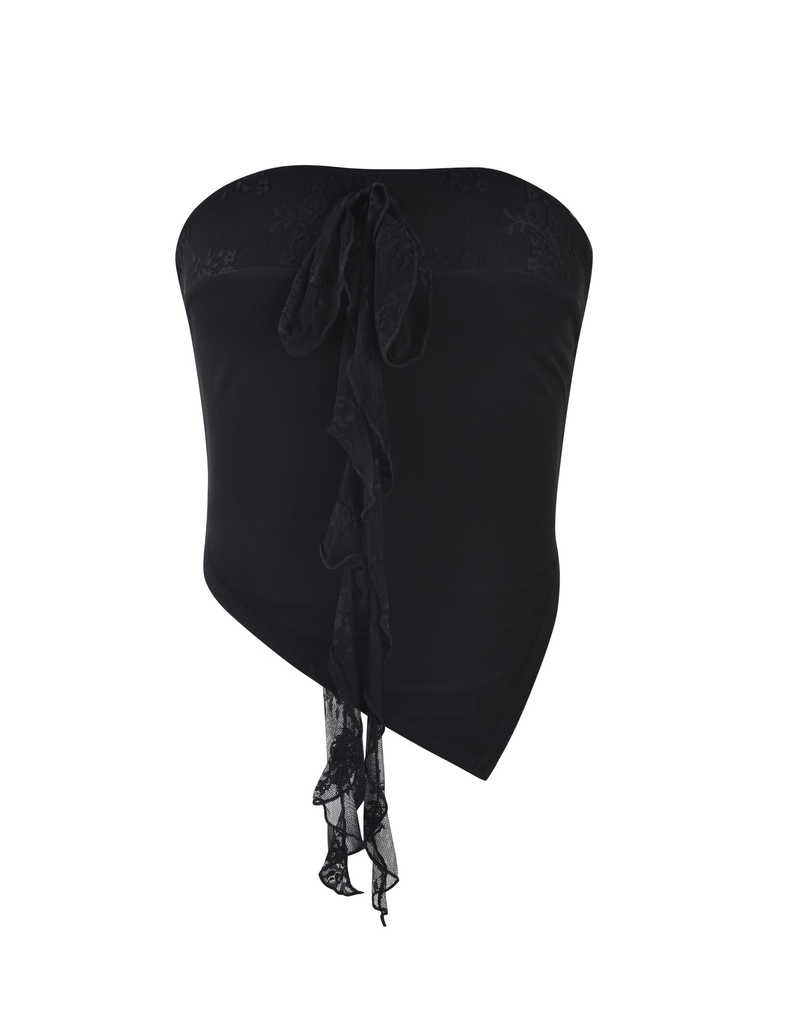 Introducing the TIGERMIST HARPER TOP in black, a strapless asymmetrical design with a lace tie at the back. This top boasts a straight neckline and delicate lace trim along both the top and bottom edges. The fabric drapes elegantly, offering a stylish and chic appearance.
