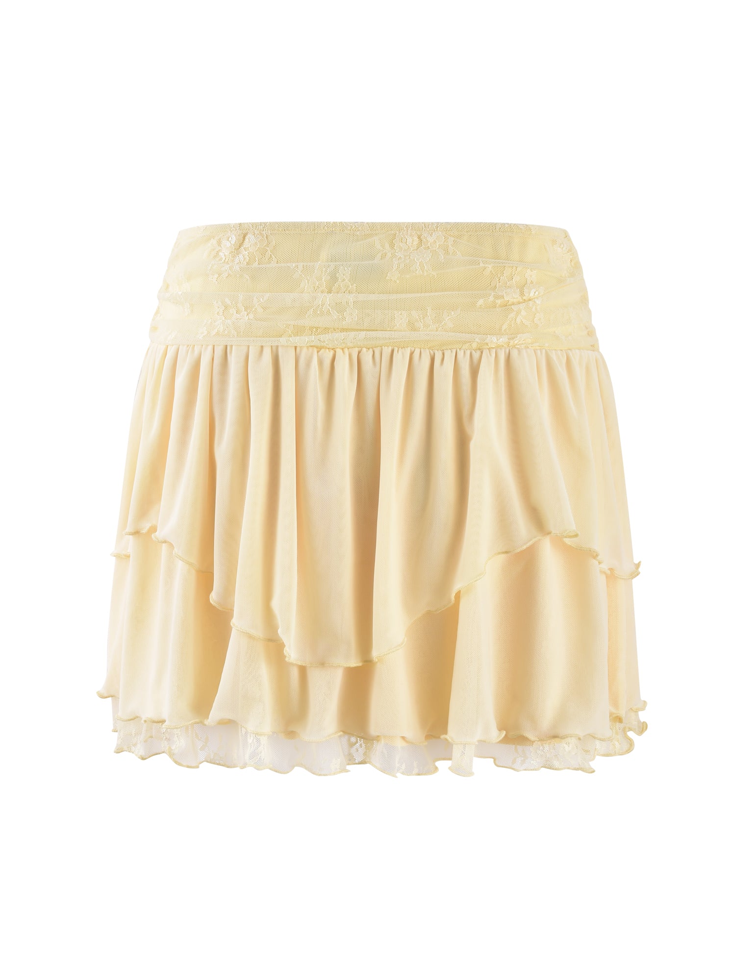 The HARPER MINI SKIRT in Lemon Yellow from TIGERMIST is a light yellow, layered mini skirt that boasts a ruffled design. It features a slightly flared hem and intricate lace detailing at the waistband and along the ruffles.