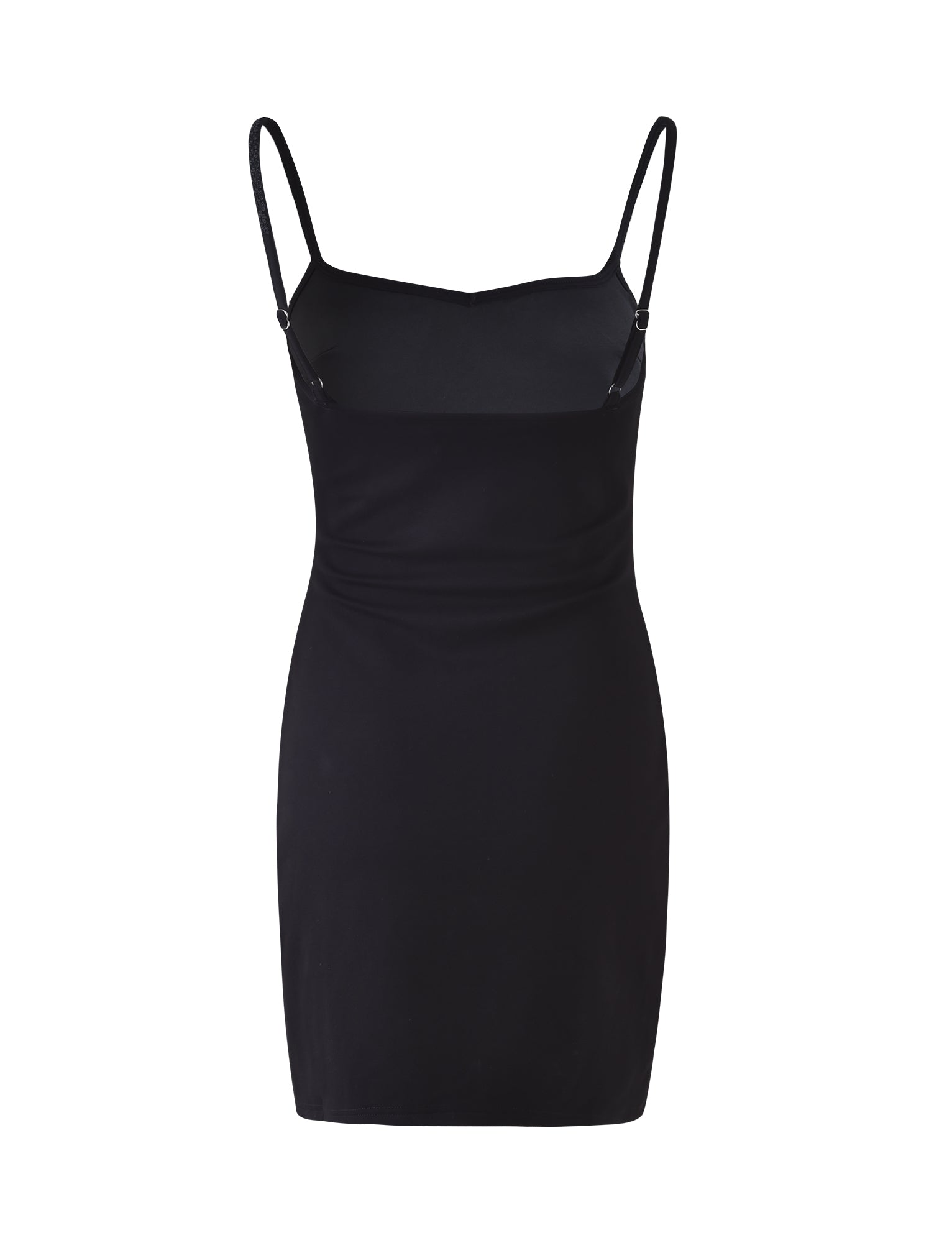 The BESSIE DRESS - BLACK by TIGERMIST is an elegant and chic bodycon dress with thin spaghetti straps. This form-fitting dress features a smooth, seamless look and a slightly scooped neckline, making it perfect for formal or semi-formal occasions. The dress is displayed on a plain white background.
