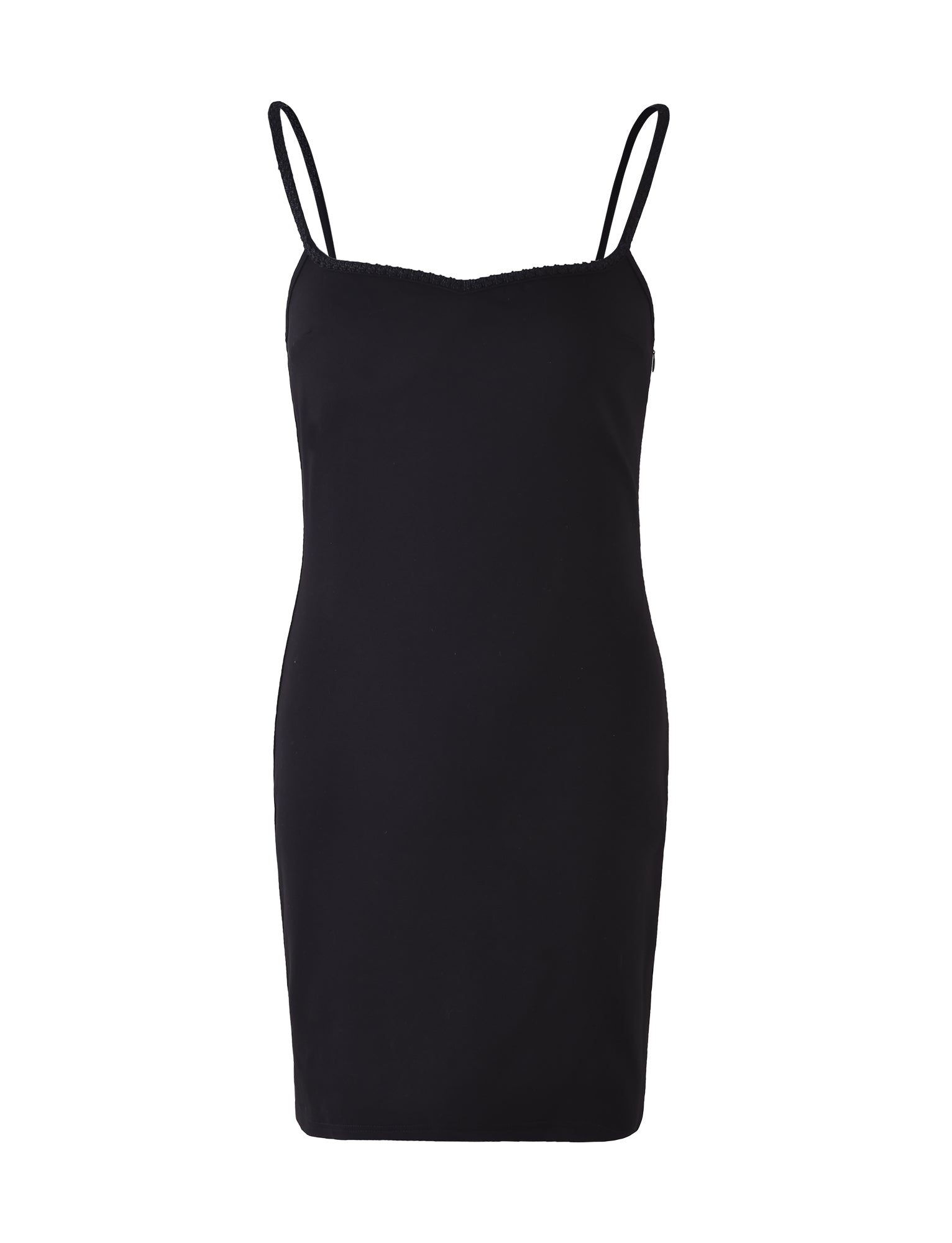 The Bessie Dress by TIGERMIST is showcased against a plain white background. This simple black spaghetti strap dress features a form-fitting silhouette and a minimalist design with a straight neckline.