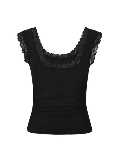 The SABINE TOP - BLACK from TIGERMIST is a black sleeveless blouse with a scoop neckline and lace trim detailing around the neck and shoulder straps. It features a ribbed texture and has a fitted design. The background is white.