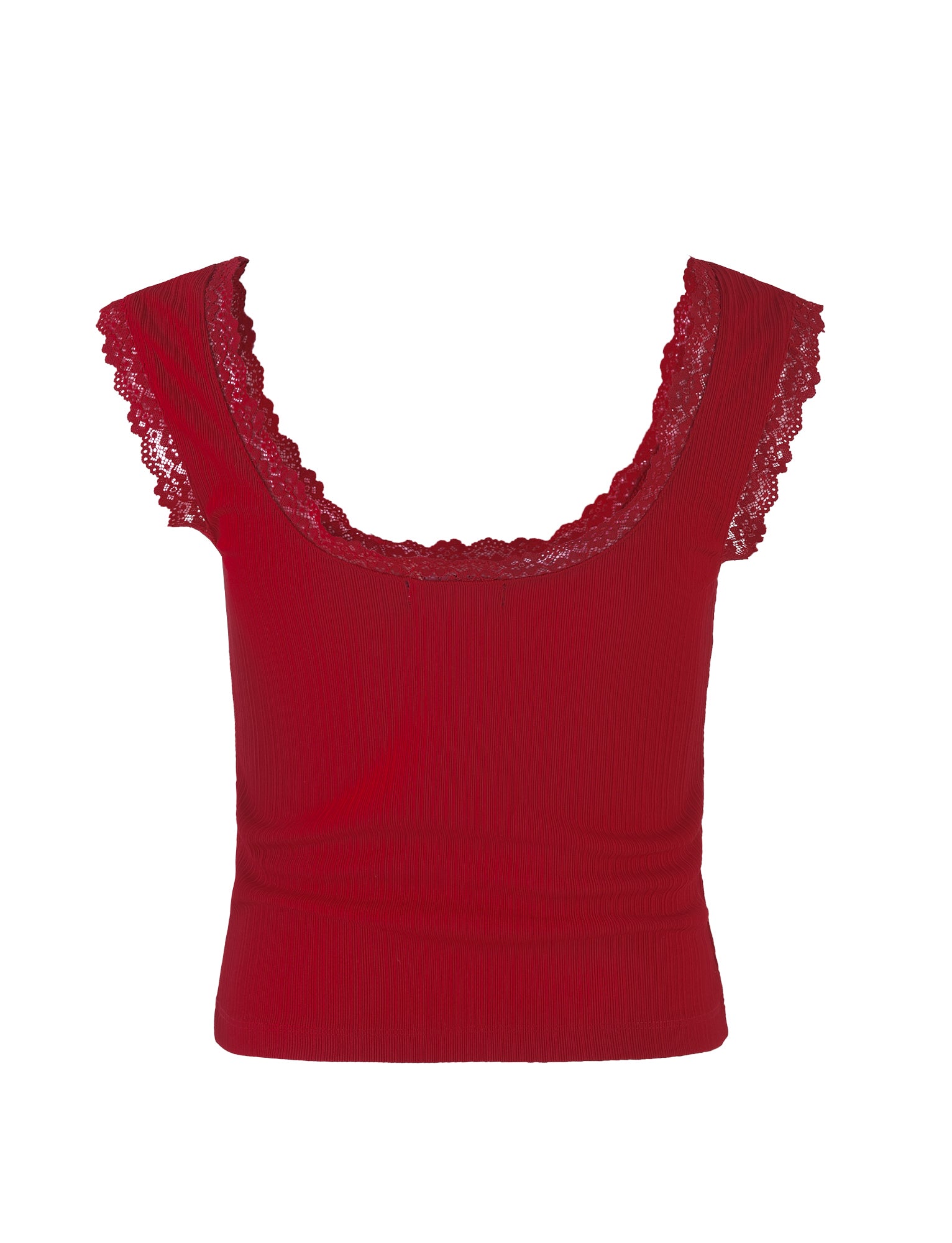 The SABINE TOP - RED from TIGERMIST showcases a deep scoop neckline and delicate lace trim around the edges. Its ribbed texture adds an extra touch of sophistication. The top is displayed on a plain white background.