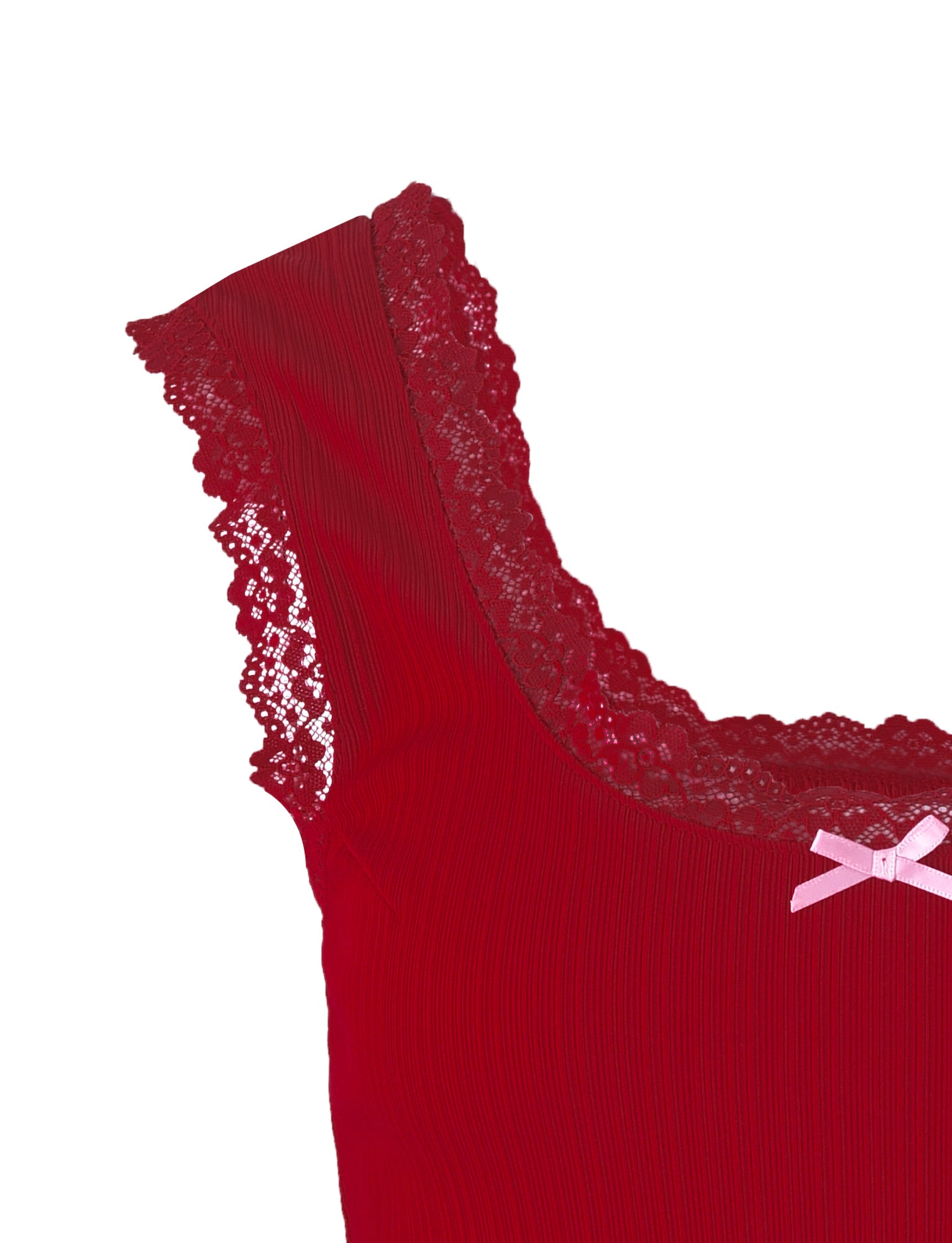 Close-up of the SABINE TOP - RED by TIGERMIST, showcasing lace detailing along the neckline and sleeves. The fabric features a ribbed texture and a small pink bow near the neckline. The background is white.