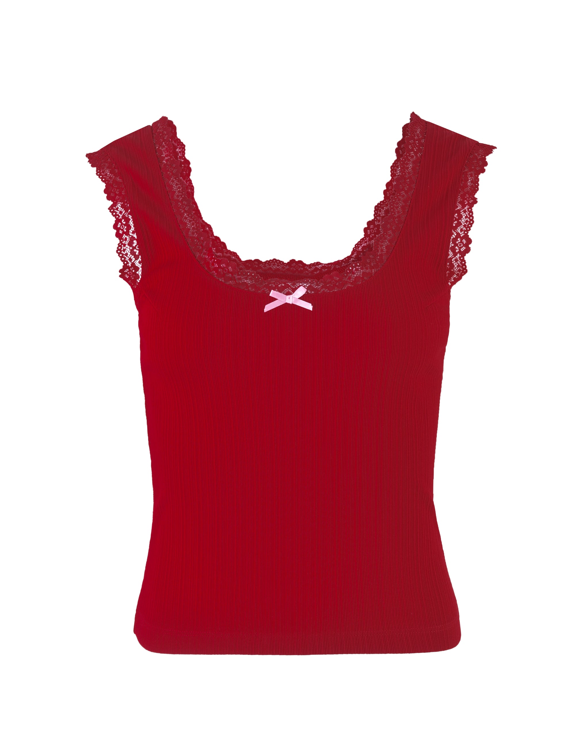 The SABINE TOP - RED : BERRY RED : PINK CRIMSON from TIGERMIST is a sleeveless tank top adorned with lace trims around the neckline and shoulders. The neckline features a small light pink ribbon bow at the center, and the fabric has a slightly ribbed texture. The top is displayed against a plain white background.