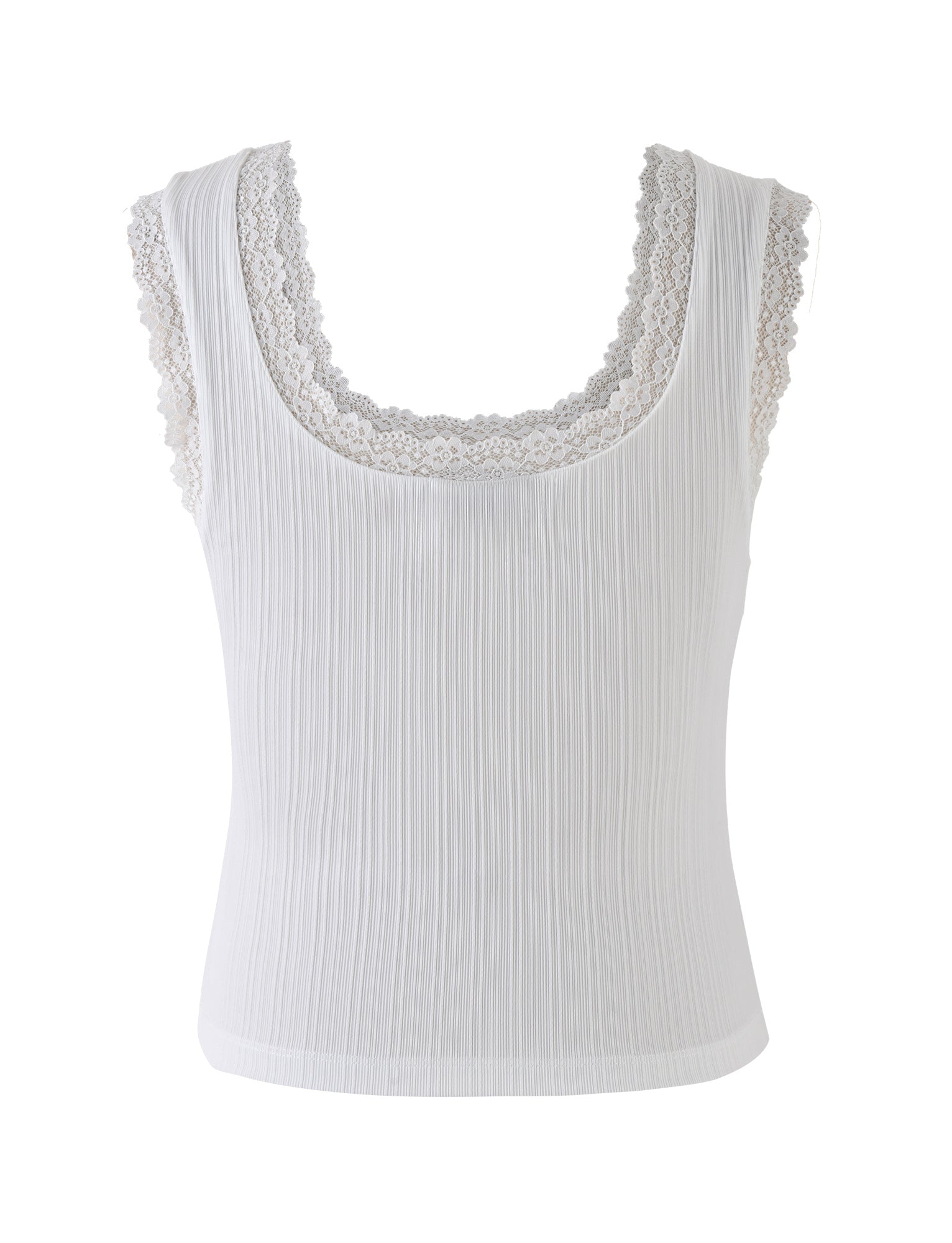 The SABINE TOP - WHITE by TIGERMIST is a white sleeveless ribbed tank top featuring intricate lace trim along the rounded neckline and armholes. The lace detail adds an elegant touch to the simple and clean design of this garment. Made from a soft and stretchy fabric, it ensures comfortable wear.