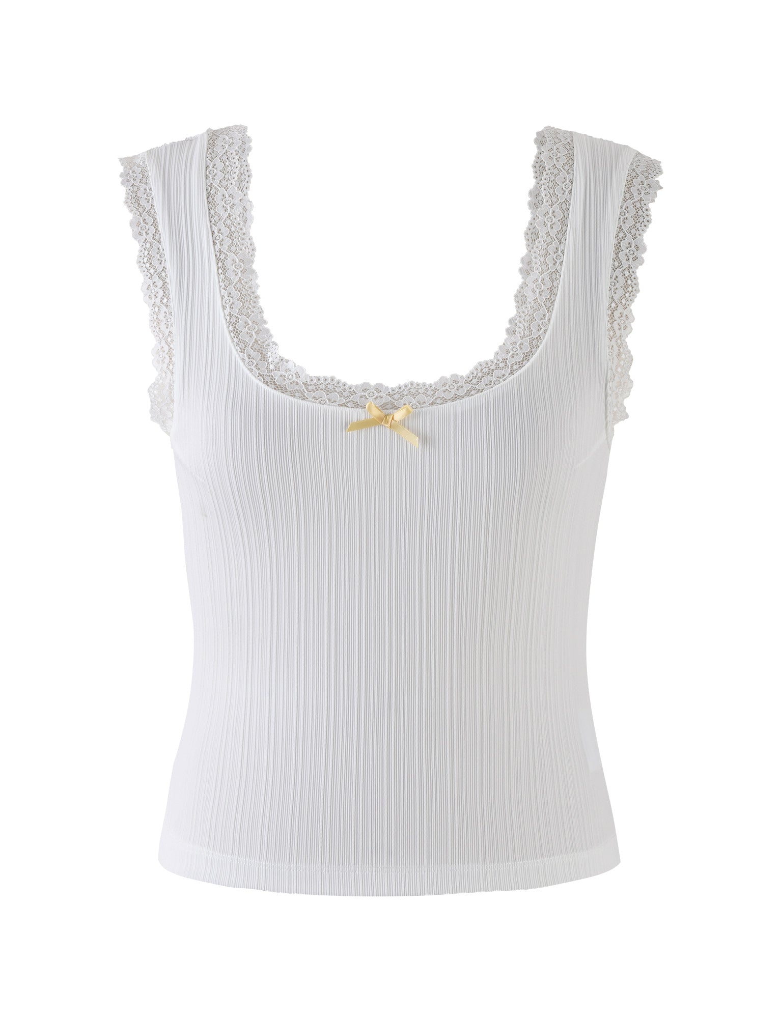 Introducing the SABINE TOP - WHITE by TIGERMIST: A sophisticated sleeveless white ribbed tank top, beautifully accentuated with lace trim around the scoop neckline and shoulders. Below the neckline, a delicate light yellow ribbon bow adds a touch of charm. The vertically ribbed fabric texture enhances its subtle elegance.