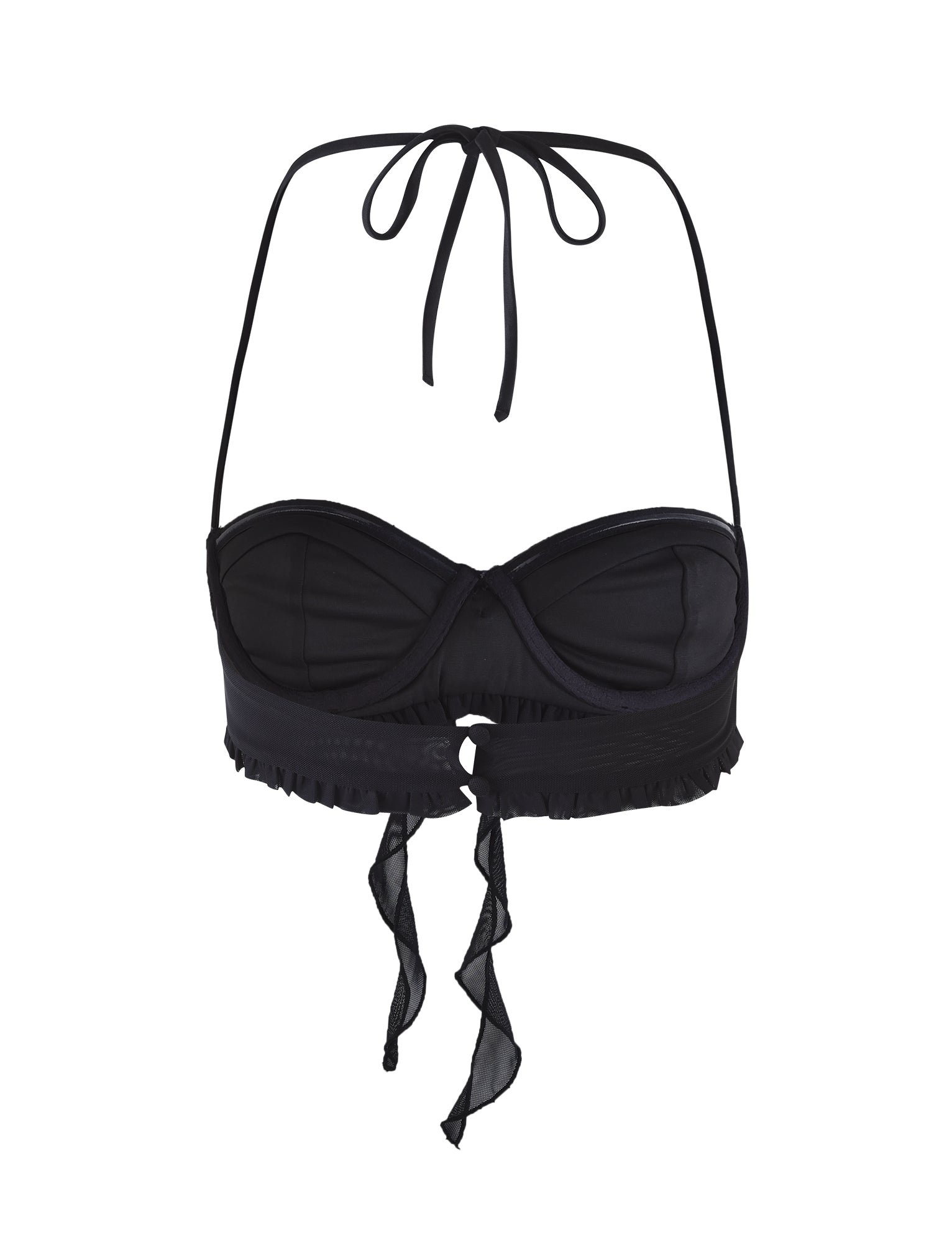 The HEAVEN TOP - BLACK by TIGERMIST is a stunning black halter-neck bikini top that features a twisted front design and keyhole detail. It comes with adjustable straps, ruffled trim accents, and a tie closure at the back, all enhanced with hints of mesh fabrication for added allure.