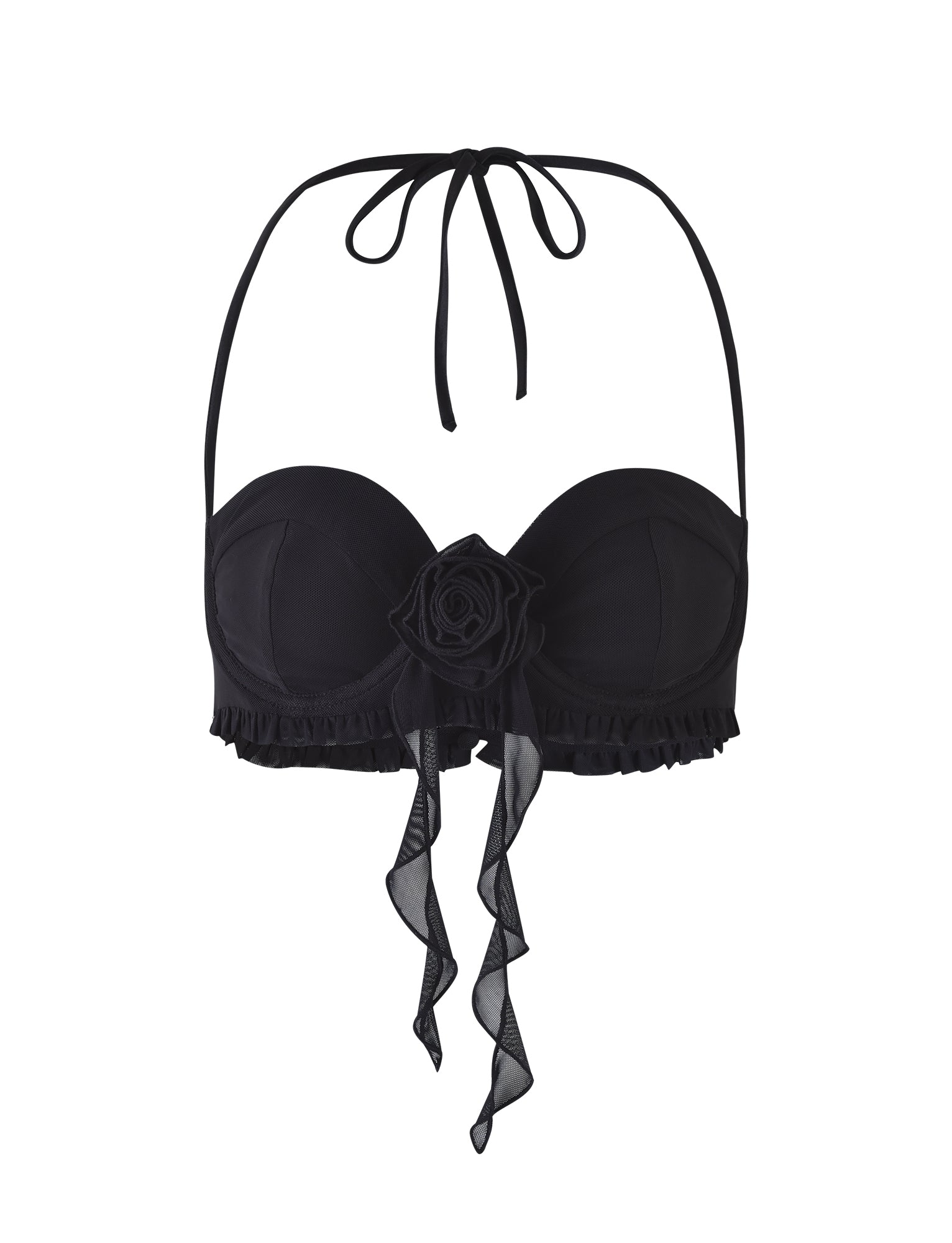 Image of the HEAVEN TOP - BLACK from TIGERMIST, featuring a black strapless design with a sweetheart neckline and a central decorative flower. The top is adorned with ruffled trim and includes a tie-up halter neck strap. Two sheer ribbon details hang from the flower.