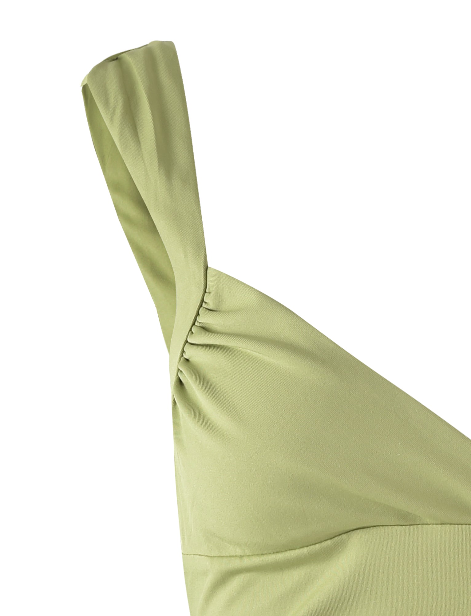 Close-up of the TIGERMIST MERA TOP in Matcha Green, showing a strap at the shoulder with a slight gather at the seam. The fabric appears smooth and slightly draped, with clean stitching along the edges.
