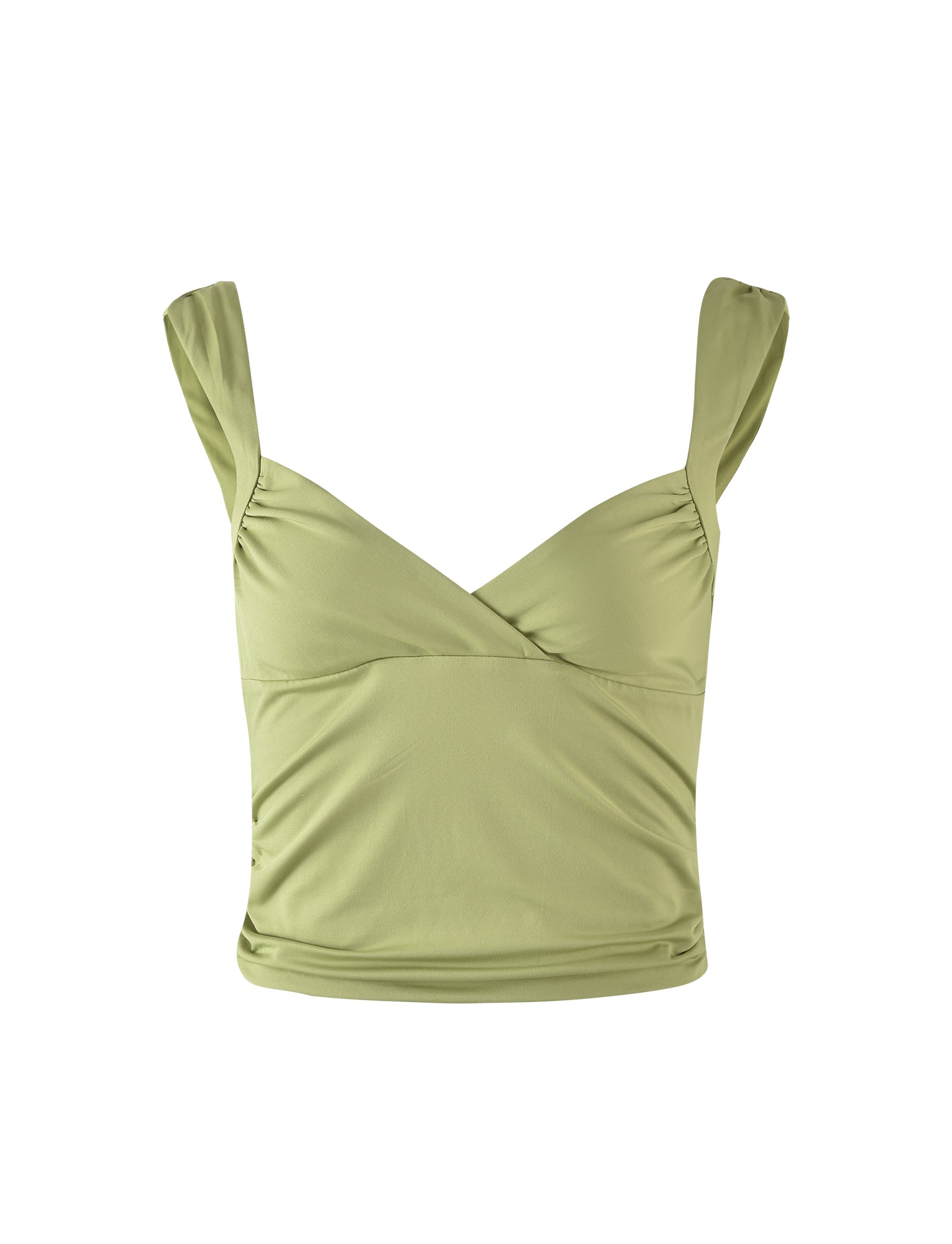 The MERA TOP – GREEN : MATCHA GREEN : PALE KHAKI from TIGERMIST is a light green cropped tank with wide straps and a wrap-style front. Its soft, smooth fabric has a slight sheen, giving it a delicate and stylish look.