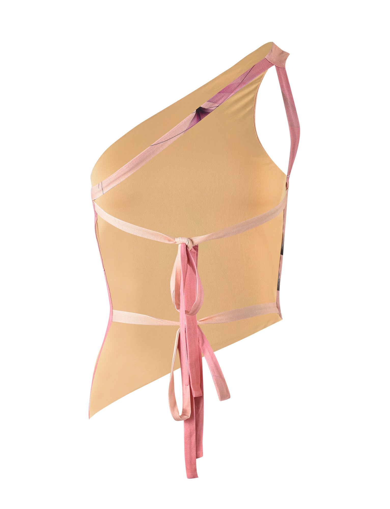 The DREW TOP - MULTI : MACRO FLORAL : GRADIENT FLORAL from TIGERMIST is a stylish, asymmetrical beige top featuring a one-shoulder design with pink straps. The back has an open layout with multiple pink ties extending from the sides, creating a unique and trendy look. This top exudes a modern, fashion-forward appeal.