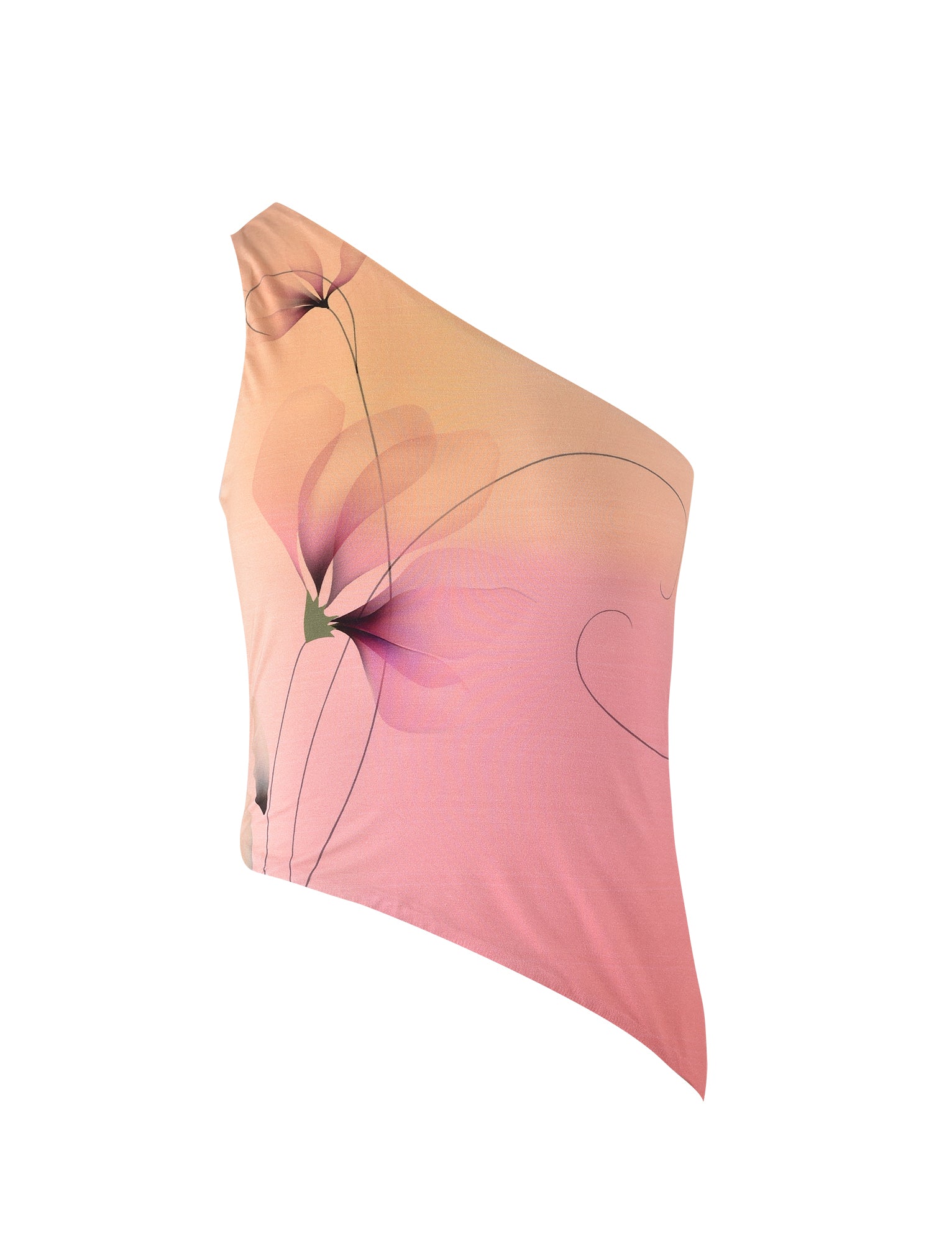 The DREW TOP - MULTI: MACRO FLORAL: GRADIENT FLORAL from TIGERMIST is a stylish one-shoulder top that features a warm color gradient, transitioning from beige at the top to pink at the bottom. The top is adorned with an abstract floral design composed of delicate, curved lines and petals in various shades of pink and orange.