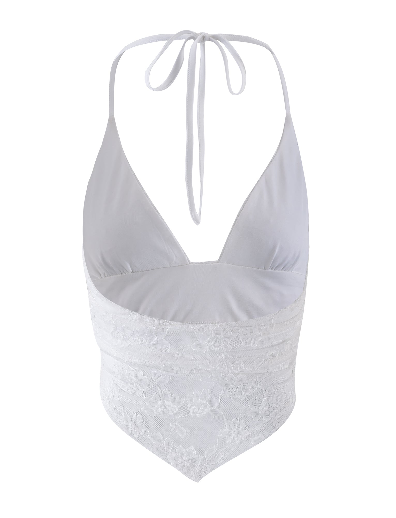 The FAYE LACE TOP - WHITE by TIGERMIST is a stylish halter top featuring a deep V-neck and a tie behind the neck. The fabric boasts a layered, lightly ruched texture, with subtle lace floral patterns on the lower half, adding a delicate and feminine touch to the design.