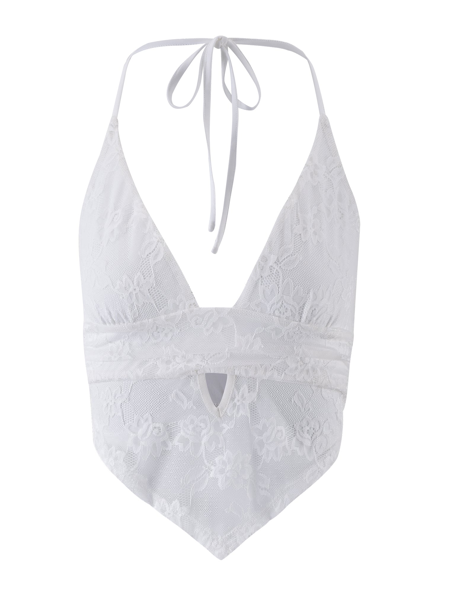 The Faye Lace Top in white from TigerMist features a halter design with spaghetti straps that tie at the neck. This lace top boasts a deep V neckline, a keyhole cutout below the bust, and intricate floral lace patterns throughout. The hemline comes to a point, creating an elegant handkerchief-style finish.