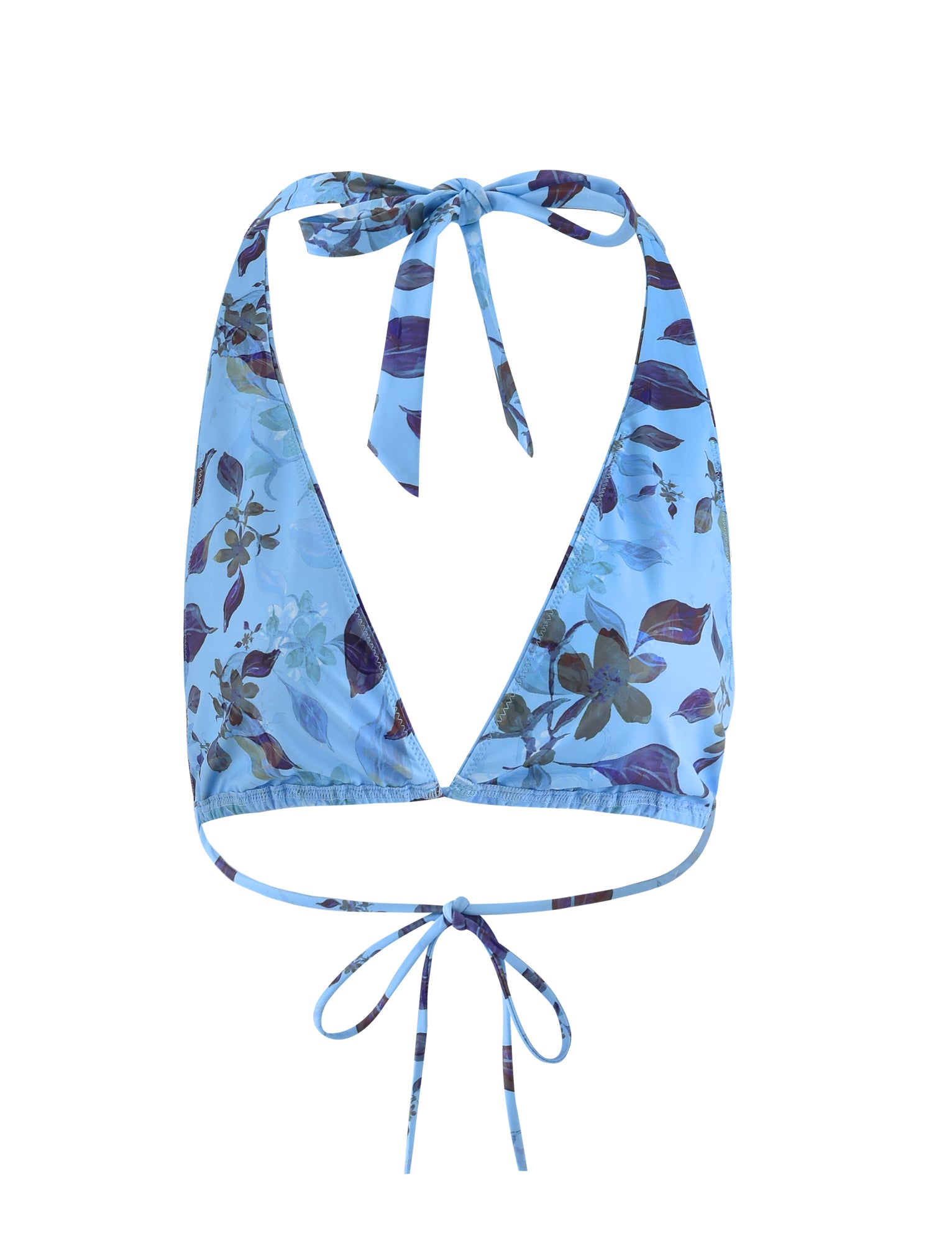 The STACI BIKINI TOP - BLUE : WATERCOLOUR by TIGERMIST is a blue floral bikini top with a halter neck design. It features adjustable ties at the back of the neck and mid-back for a secure fit. The fabric is adorned with a pattern of various flowers and leaves in different shades of blue and purple.