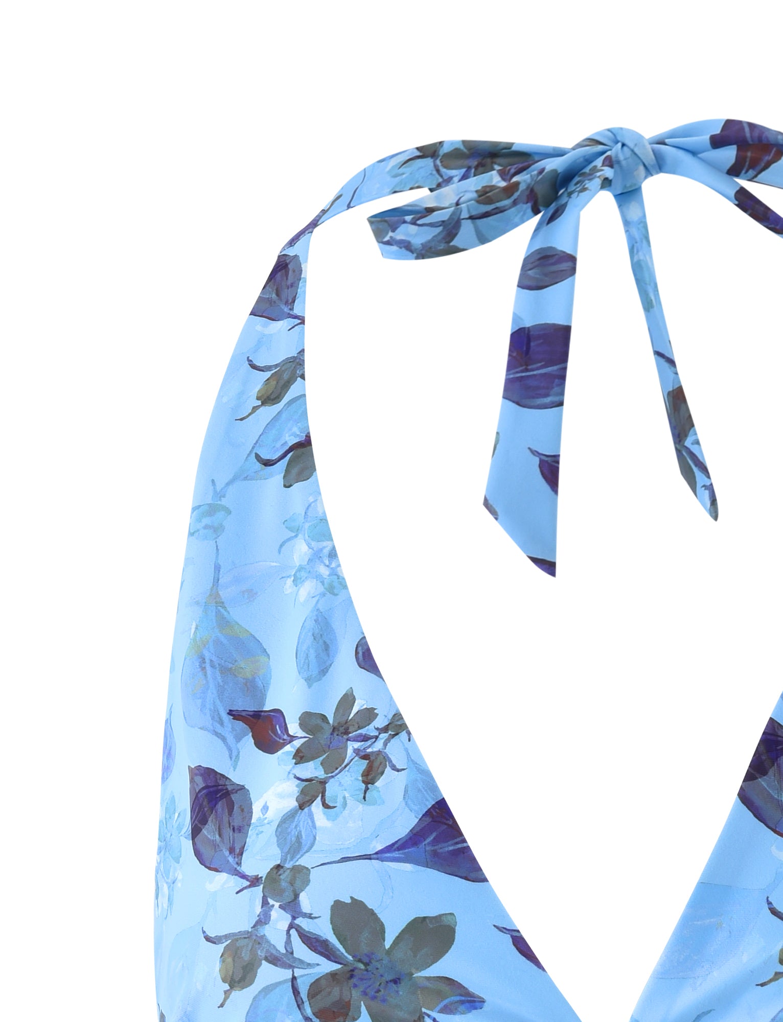 Close-up of the back of the STACI Bikini Top - Blue : Watercolour by TIGERMIST, highlighting the tie closure at the neck. The fabric showcases an array of blue and purple flowers with green leaves against a plain white background.