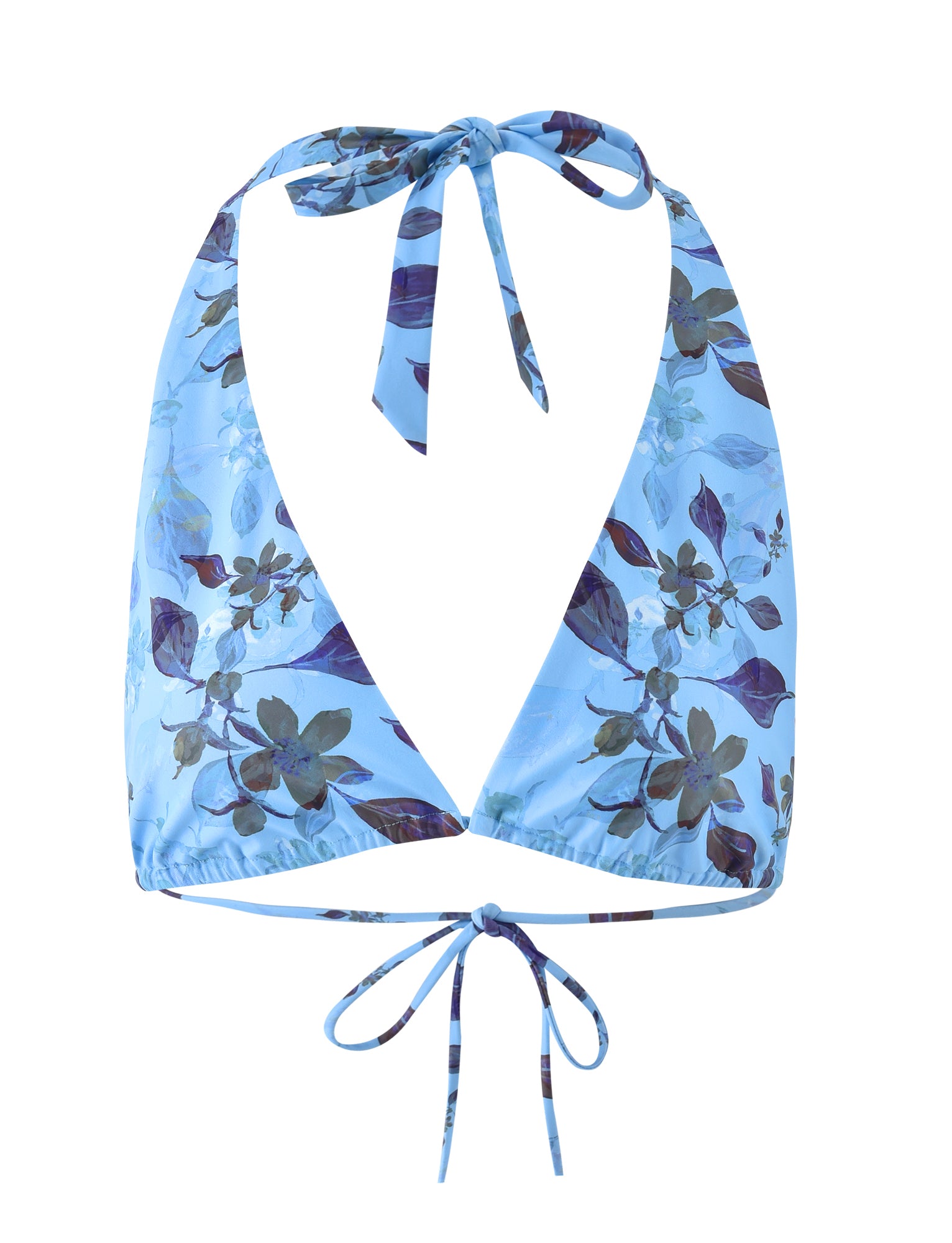 The STACI BIKINI TOP - BLUE: WATERCOLOUR by TIGERMIST is a light blue halter bikini top featuring a floral pattern in shades of purple and green. It comes with ties at the neck and back for an adjustable fit, and boasts a plunging neckline and simple, elegant design.