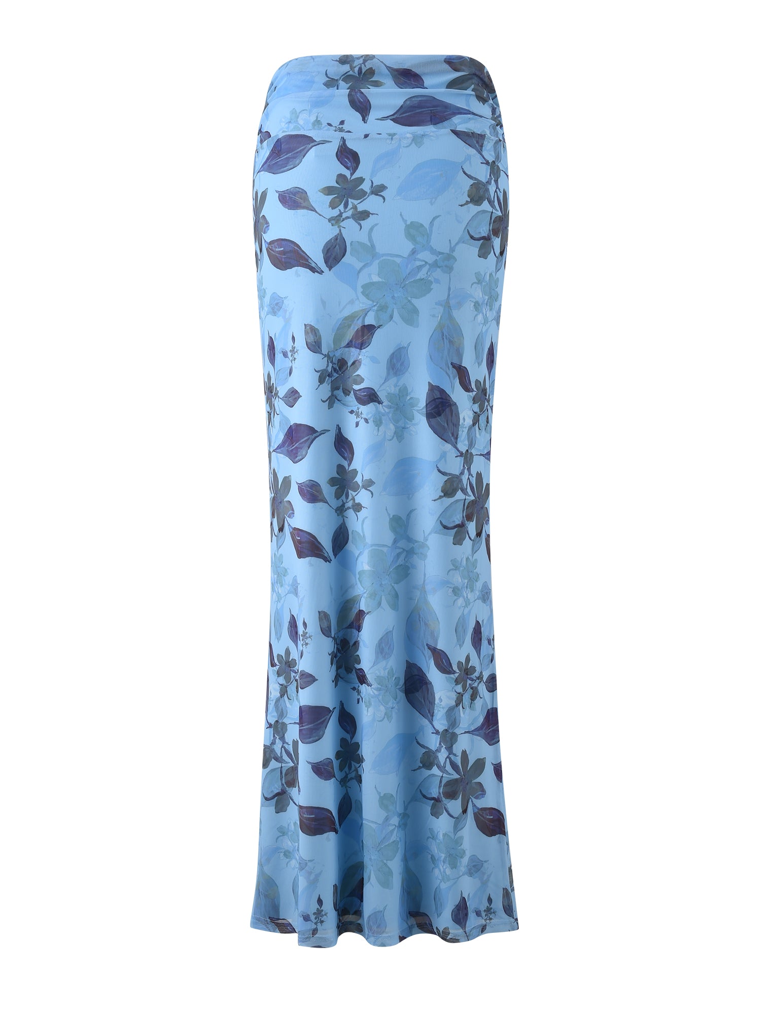 Introducing the Marietta Skirt - Blue : Watercolour from TIGERMIST, a long, high-waisted skirt with a blue background adorned with a subtle floral print in darker shades of blue and green. This elegant skirt features a slight flare at the bottom and is crafted from smooth, flowing fabric for a sophisticated look.