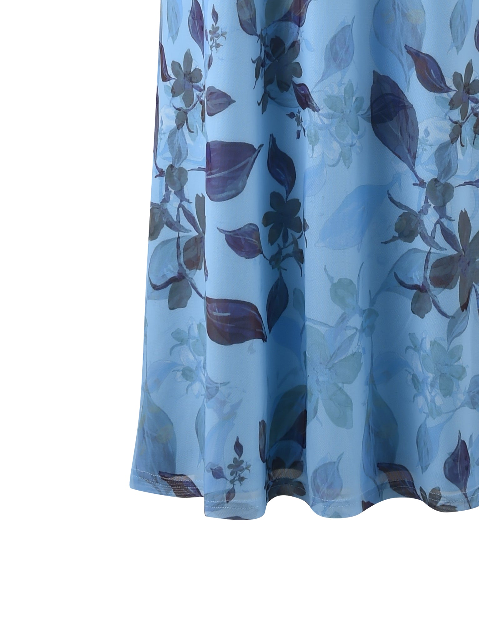 Close-up of the bottom part of a blue TIGERMIST MARIETTA SKIRT - WATERCOLOUR with a floral print. The pattern includes various shades of blue and purple leaves and flowers. The fabric appears lightweight and slightly translucent.