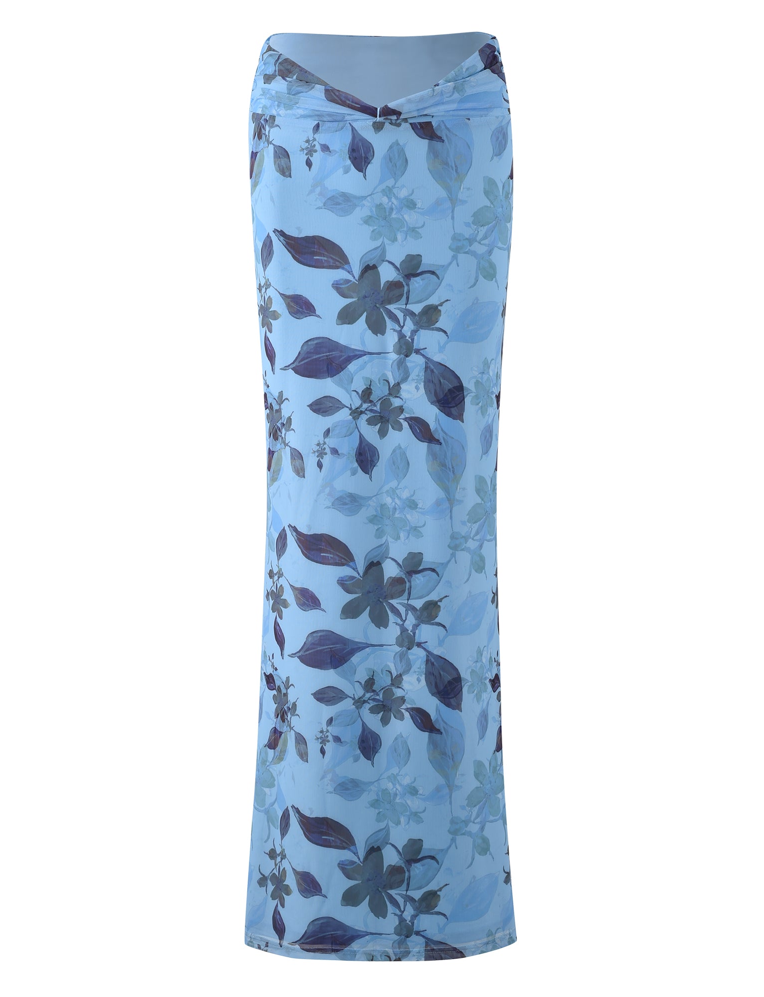 The MARIETTA SKIRT - BLUE : WATERCOLOUR from TIGERMIST is a long, blue floral skirt with a fitted waist and straight cut. It features a pattern of dark blue and purple flowers with green leaves on a light blue background. The fabric appears lightweight and semi-transparent.
