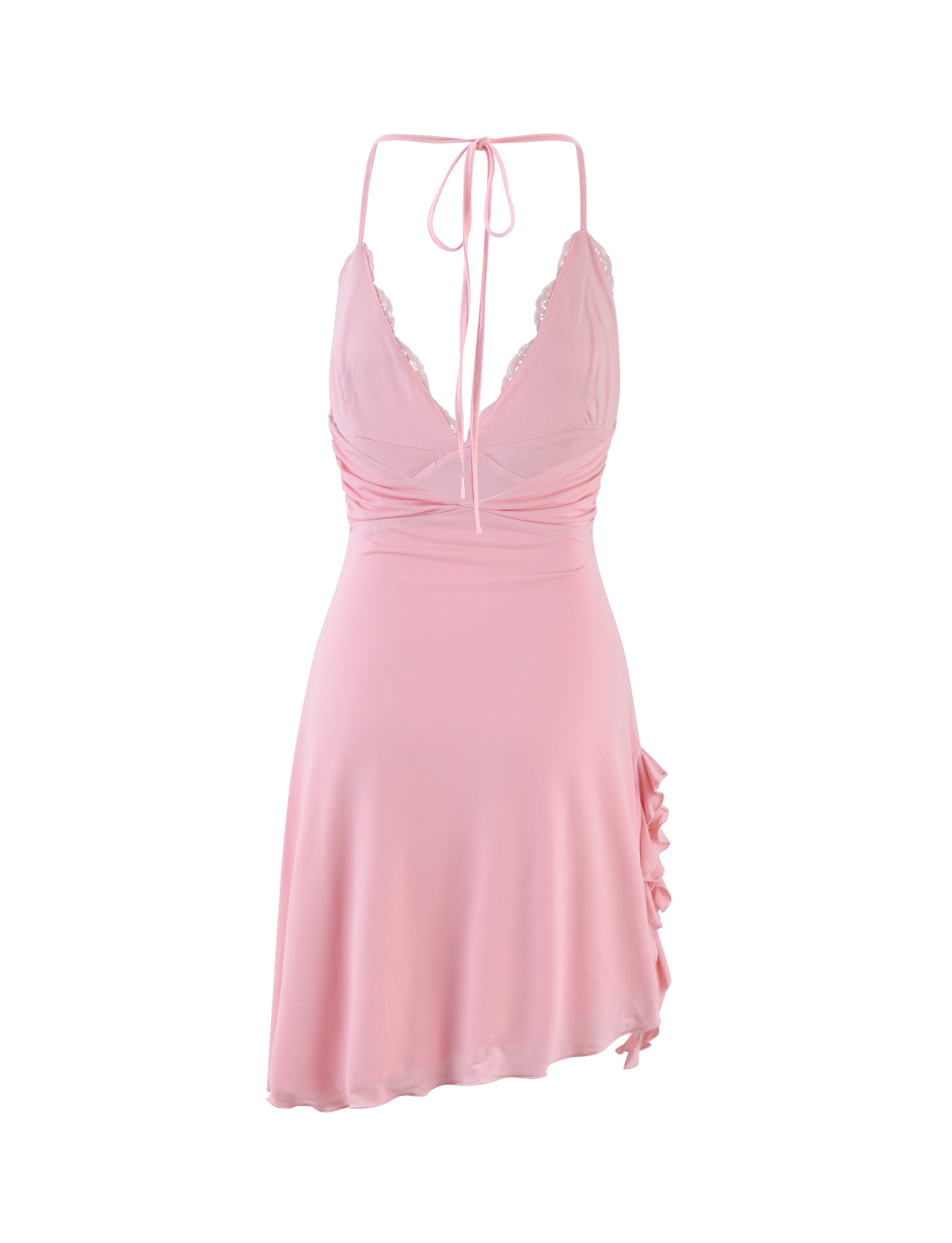 The DEENA DRESS - PINK: BABY PINK from TIGERMIST is a light pink satin slip dress with a deep V-neckline, thin halter straps that tie at the neck, and lace trim along the bust. It features a fitted waist and a short, flowing skirt with ruffle detail on one side, creating an elegant and delicate look.