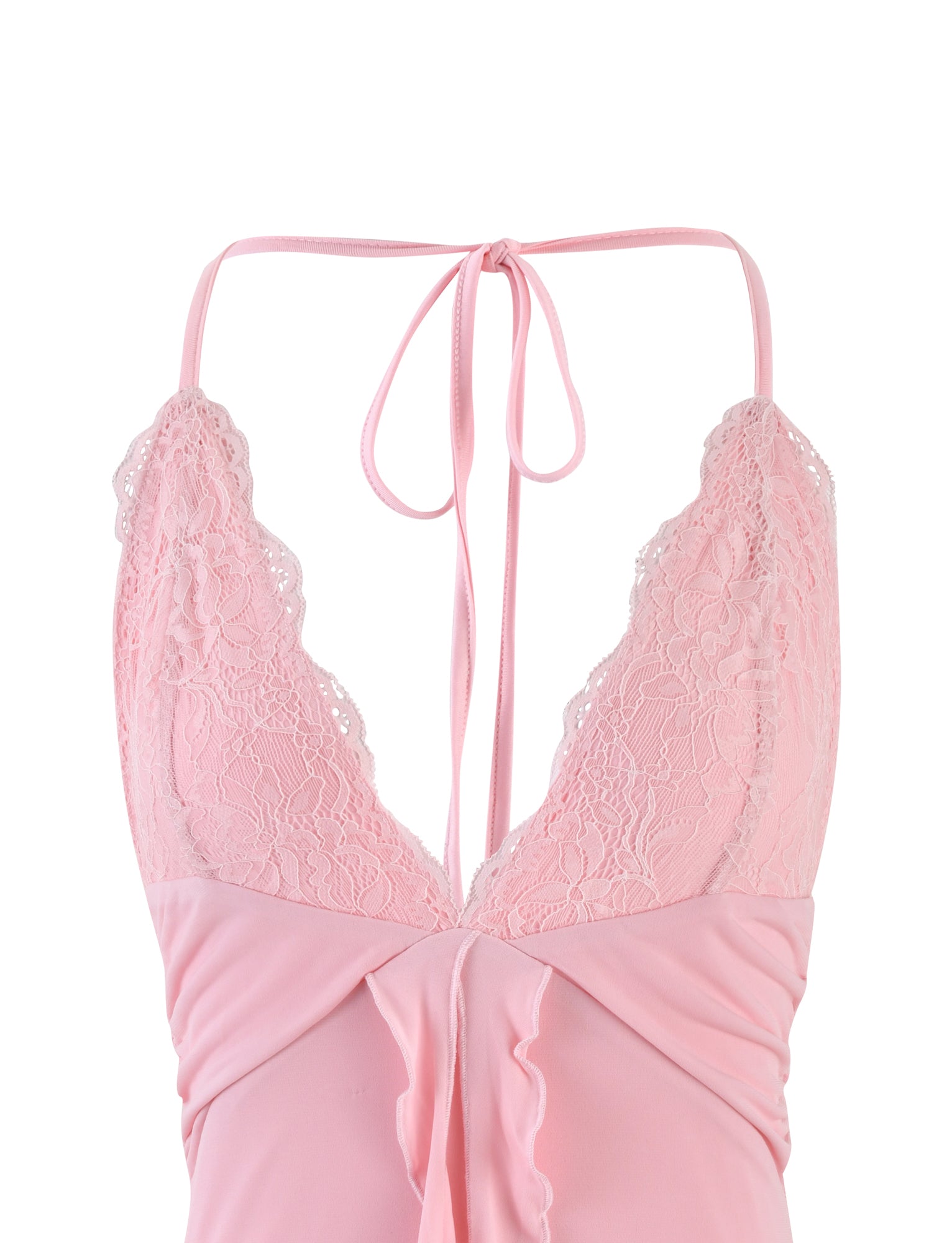 A close-up image of the DEENA DRESS - PINK : BABY PINK from TIGERMIST showcases a pink lace lingerie-inspired top with thin shoulder straps that tie at the back of the neck. The delicate fabric features intricate lace detailing on the cups, while softly gathered material below the bust creates a feminine and elegant design.