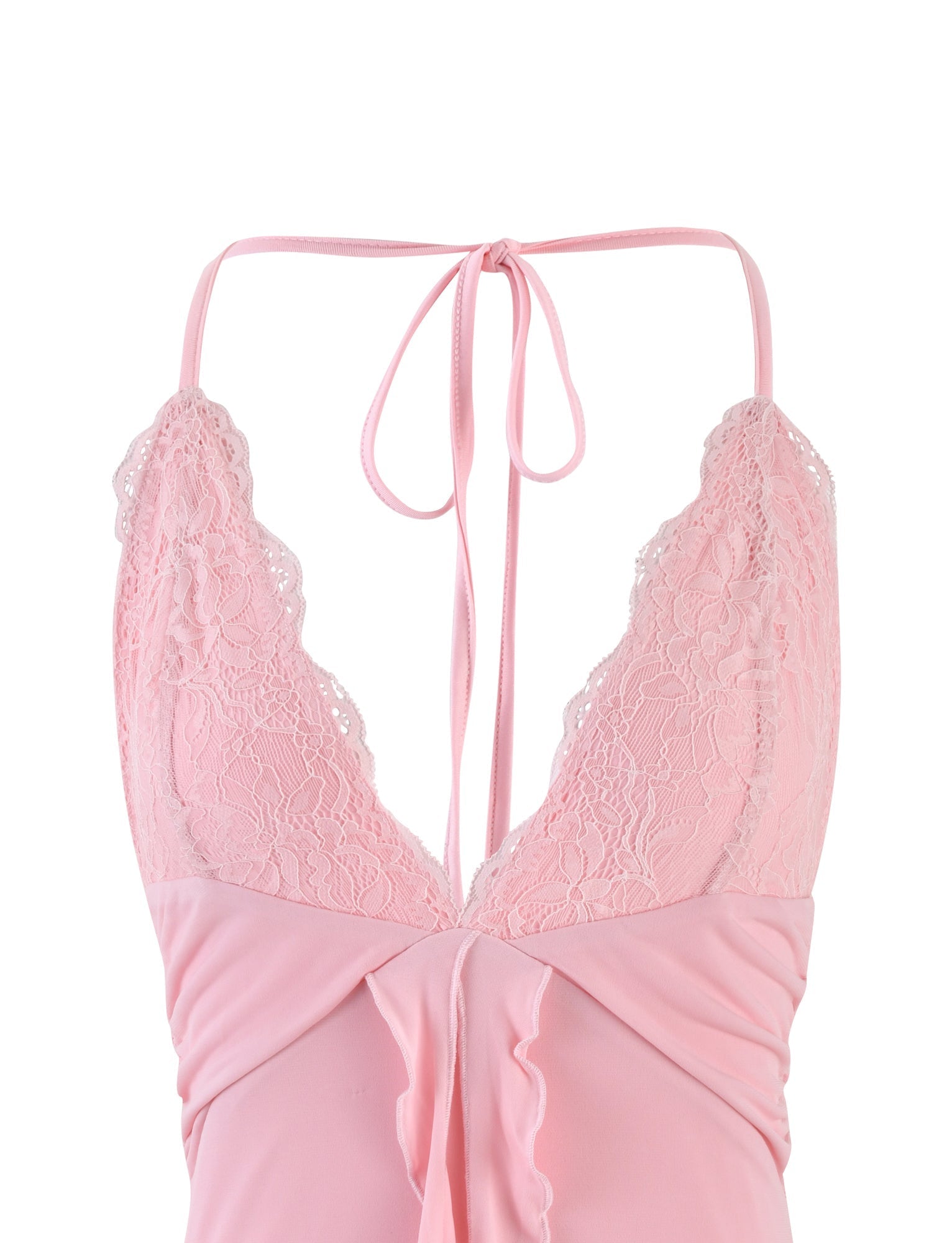 A close-up image of the DEENA DRESS - PINK : BABY PINK from TIGERMIST showcases a pink lace lingerie-inspired top with thin shoulder straps that tie at the back of the neck. The delicate fabric features intricate lace detailing on the cups, while softly gathered material below the bust creates a feminine and elegant design.